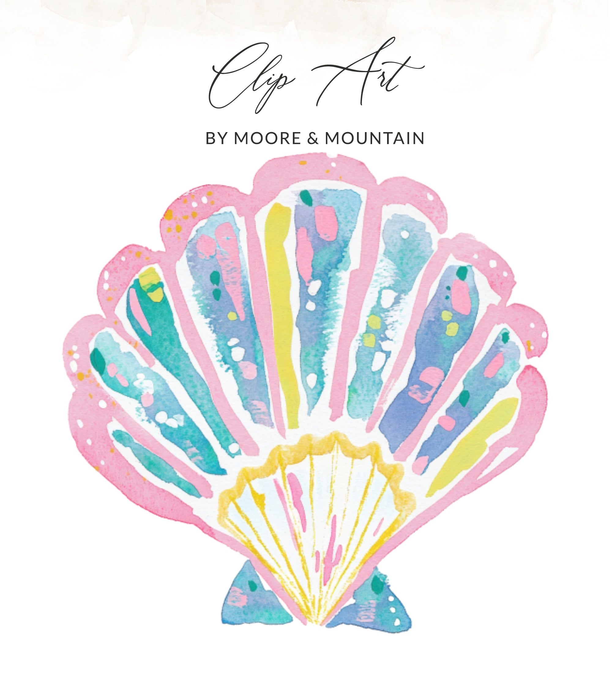 Watercolor seashell art with "Clip Art BY MOORE & MOUNTAIN" text.