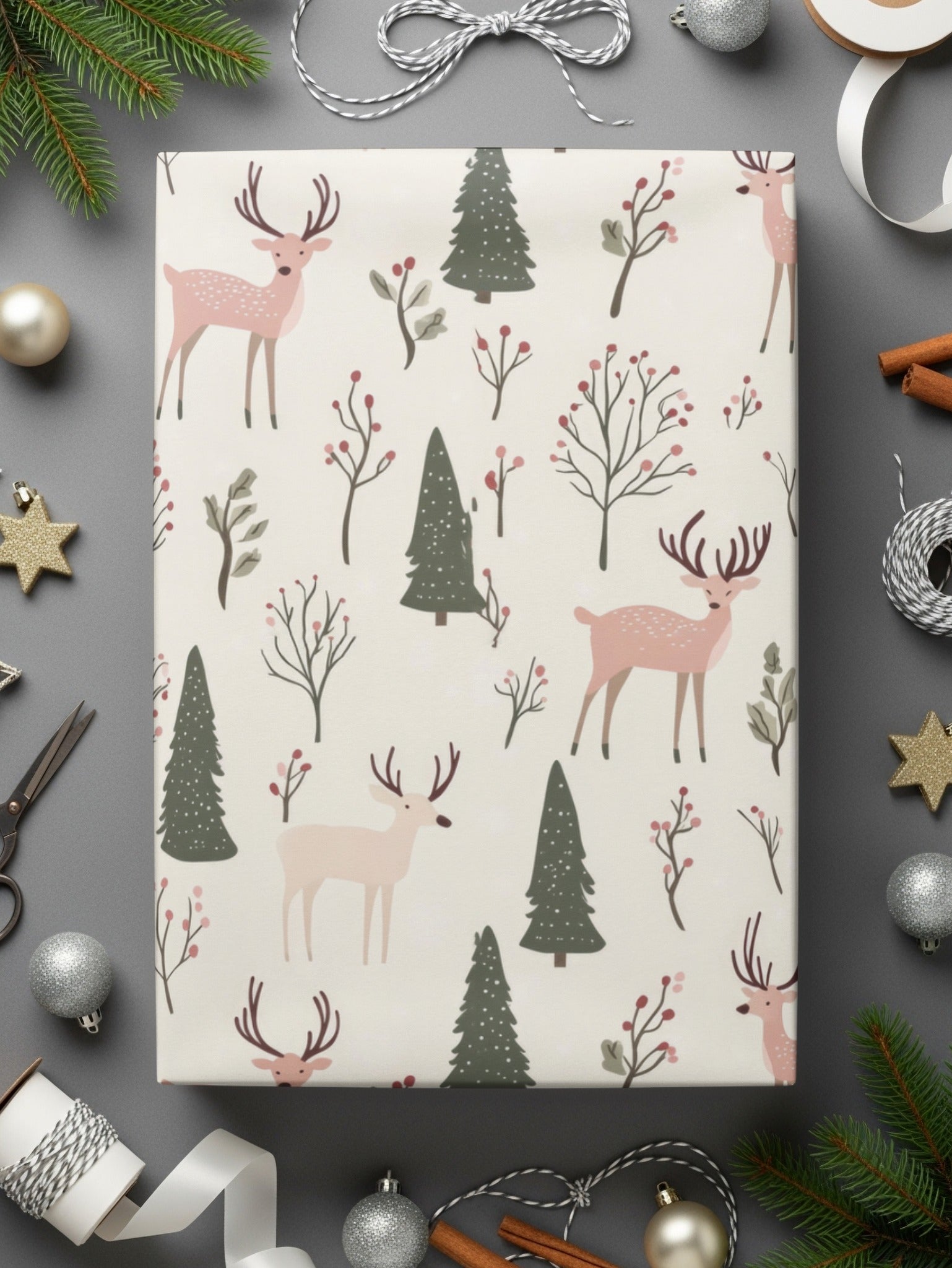 Festive Reindeer and Pine Trees Holiday Wrapping Paper