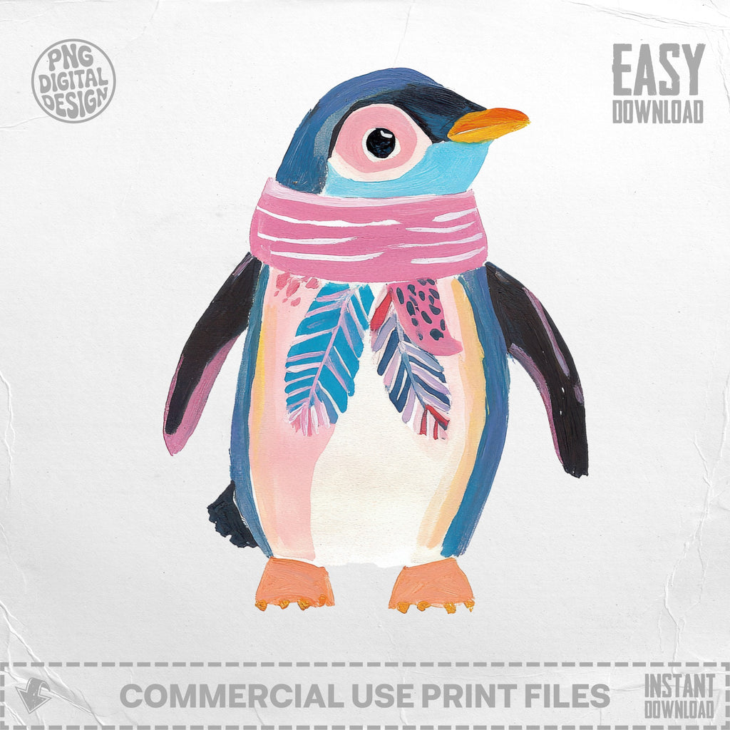 Penguin wearing a pink scarf with feather designs, easy download.