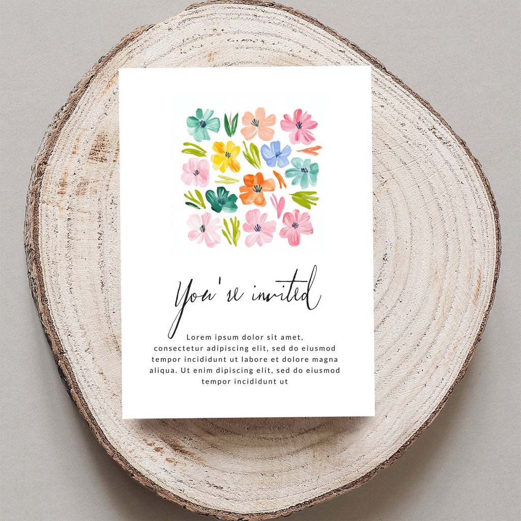 Invitation card with floral design and "You're invited" text.