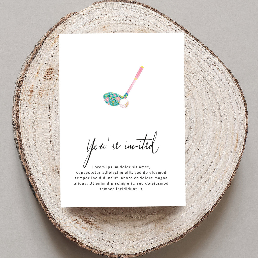 Golf club and floral pattern on a wedding invitation.