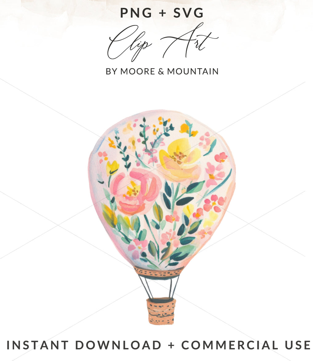 Watercolor hot air balloon with floral design.