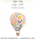 Watercolor hot air balloon with floral design.