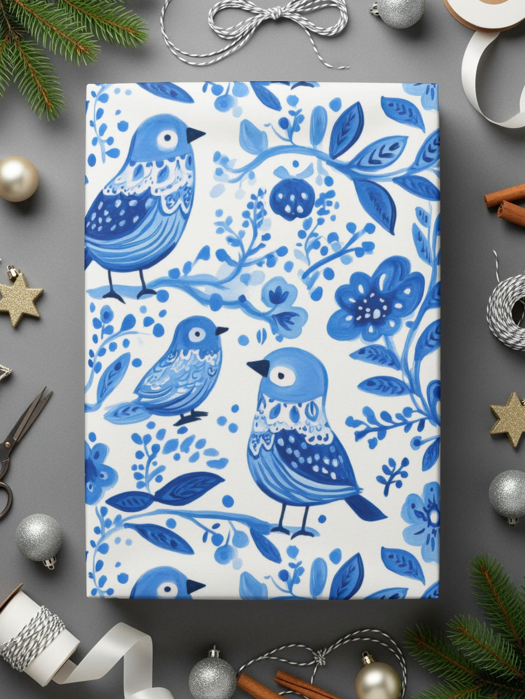 Charming Blue Birds Pattern with Floral Elements Digital - Moore and Mountain