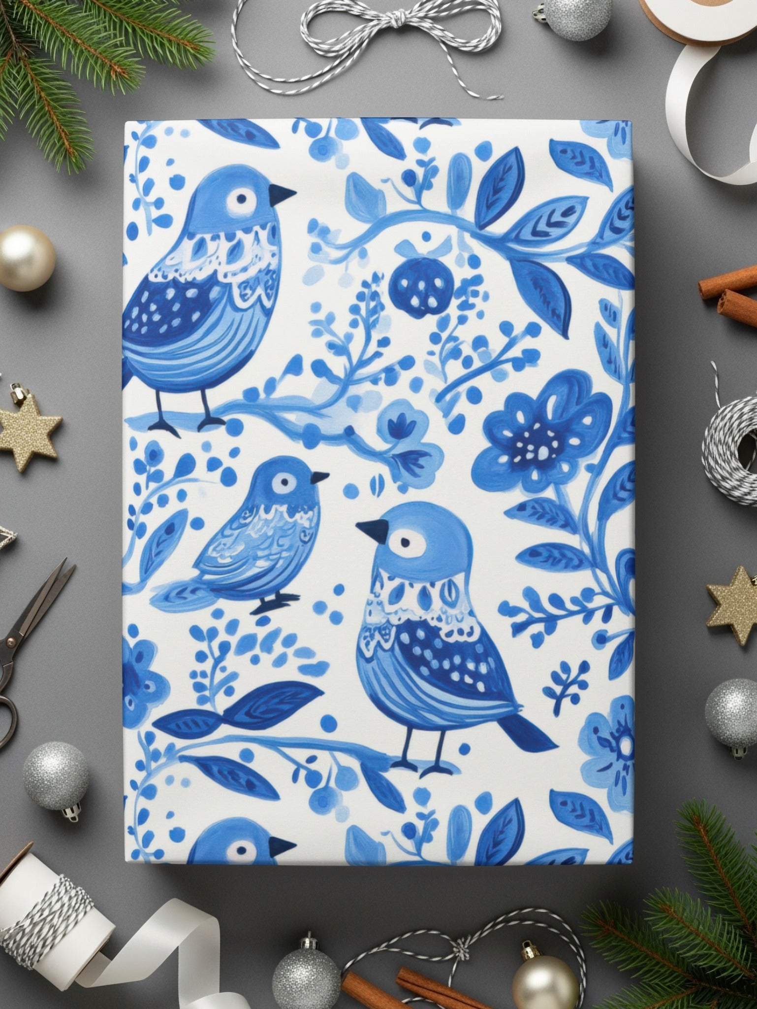 Charming Blue Birds Pattern with Floral Elements Digital - Moore and Mountain