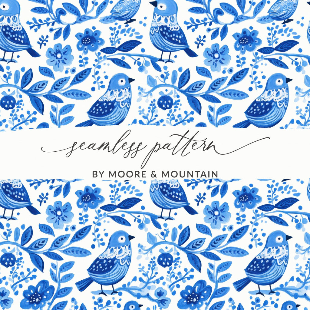 Charming Blue Birds Pattern with Floral Elements Digital - Moore and Mountain