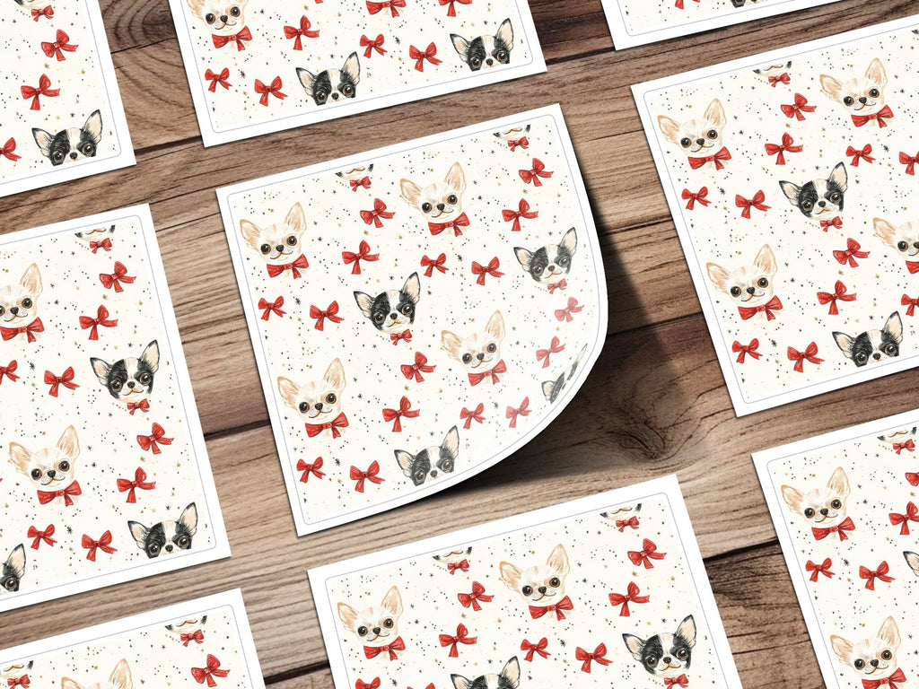 Chihuahua Digital Paper, Red Bow, Cute Puppy Pattern, Seamless Design, Dog Lover Print, Pet Portrait Scrapbook Paper, Beige Background - Moore and Mountain