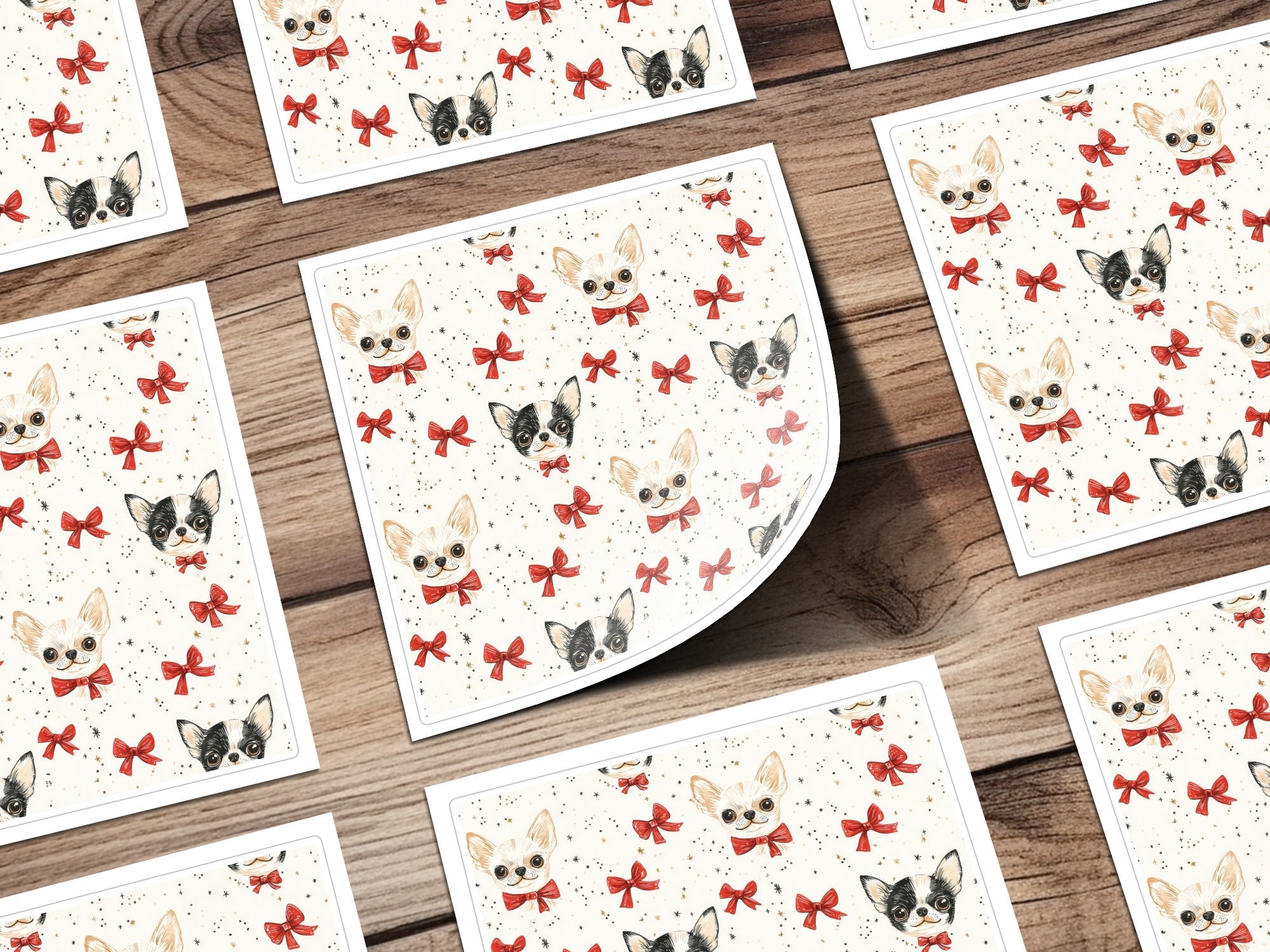 Chihuahua Digital Paper, Red Bow, Cute Puppy Pattern, Seamless Design, Dog Lover Print, Pet Portrait Scrapbook Paper, Beige Background - Moore and Mountain