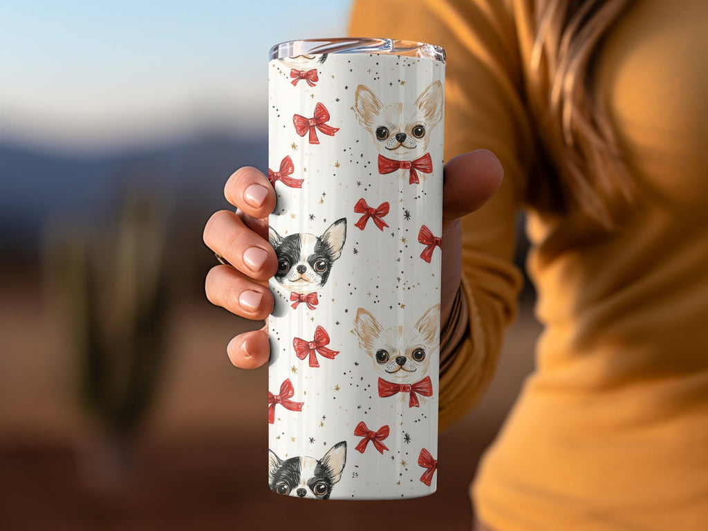 Chihuahua Digital Paper, Red Bow, Cute Puppy Pattern, Seamless Design, Dog Lover Print, Pet Portrait Scrapbook Paper, Beige Background - Moore and Mountain