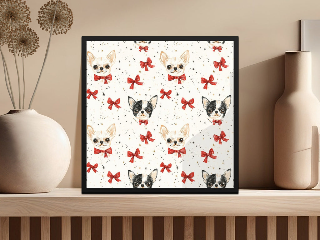 Chihuahua Digital Paper, Red Bow, Cute Puppy Pattern, Seamless Design, Dog Lover Print, Pet Portrait Scrapbook Paper, Beige Background - Moore and Mountain