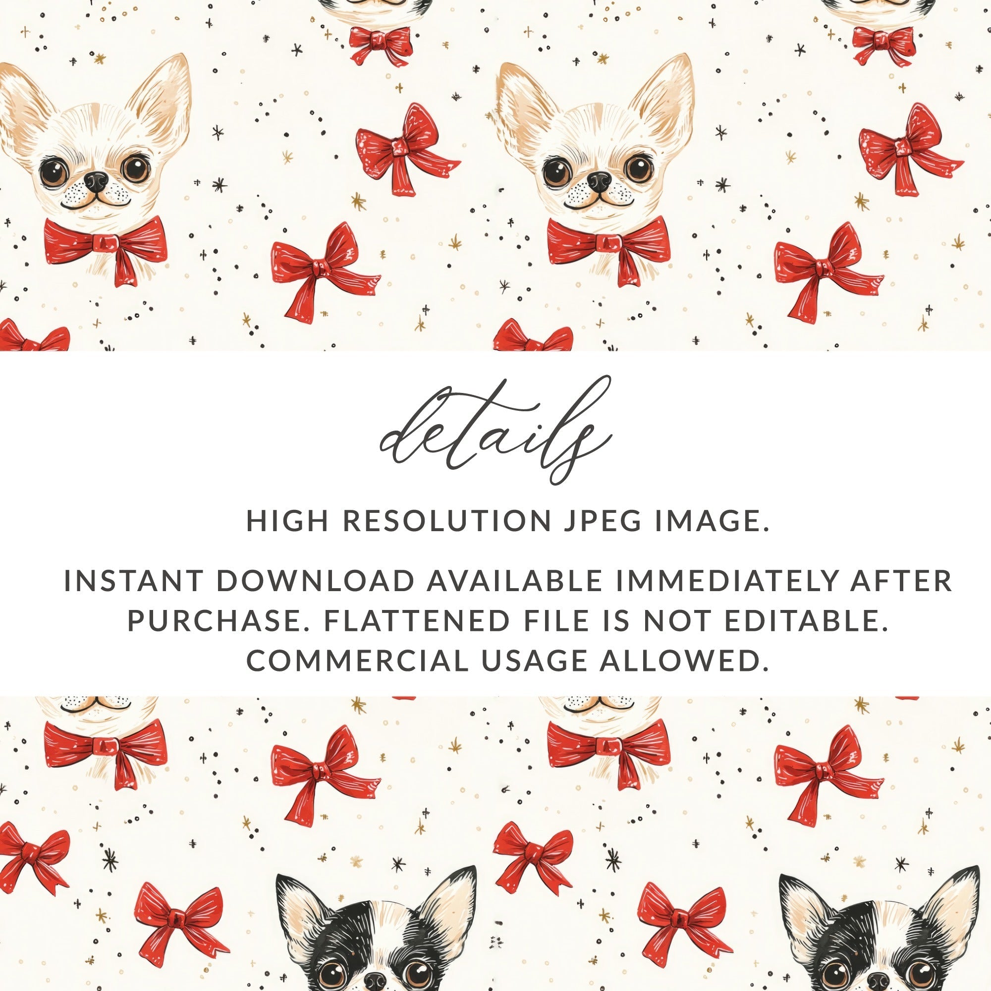 Chihuahua Digital Paper, Red Bow, Cute Puppy Pattern, Seamless Design, Dog Lover Print, Pet Portrait Scrapbook Paper, Beige Background - Moore and Mountain