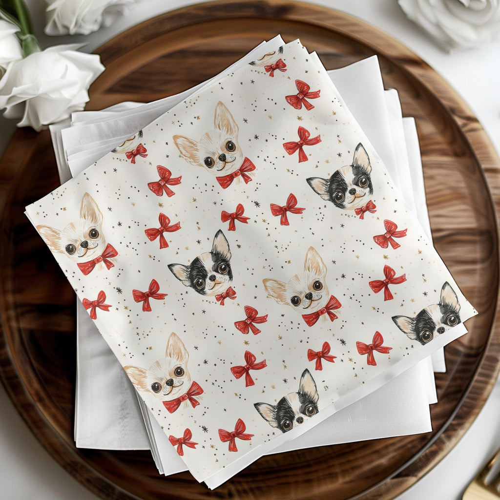 Chihuahua Digital Paper, Red Bow, Cute Puppy Pattern, Seamless Design, Dog Lover Print, Pet Portrait Scrapbook Paper, Beige Background - Moore and Mountain