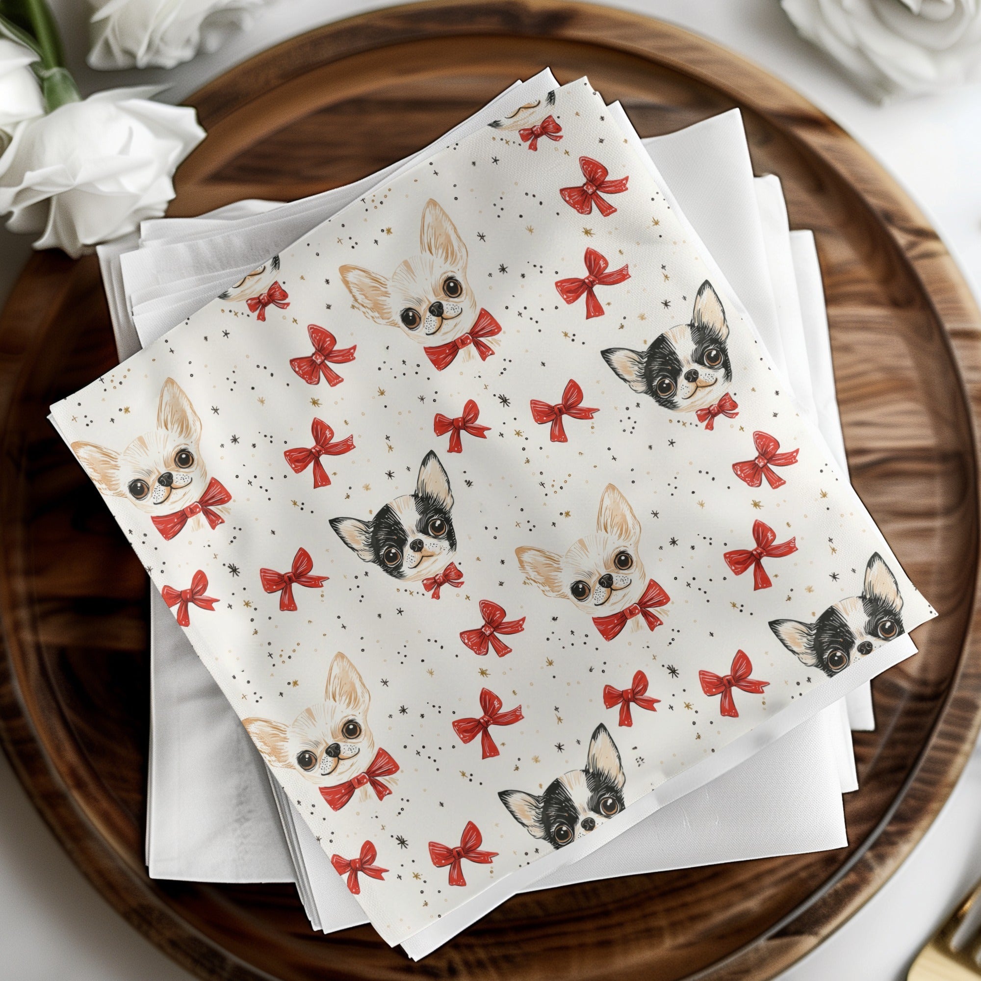 Chihuahua Digital Paper, Red Bow, Cute Puppy Pattern, Seamless Design, Dog Lover Print, Pet Portrait Scrapbook Paper, Beige Background - Moore and Mountain
