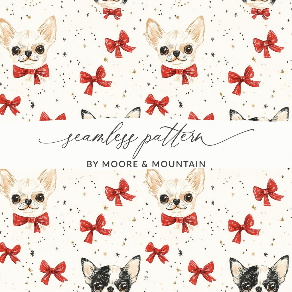 Chihuahua Digital Paper, Red Bow, Cute Puppy Pattern, Seamless Design, Dog Lover Print, Pet Portrait Scrapbook Paper, Beige Background - Moore and Mountain