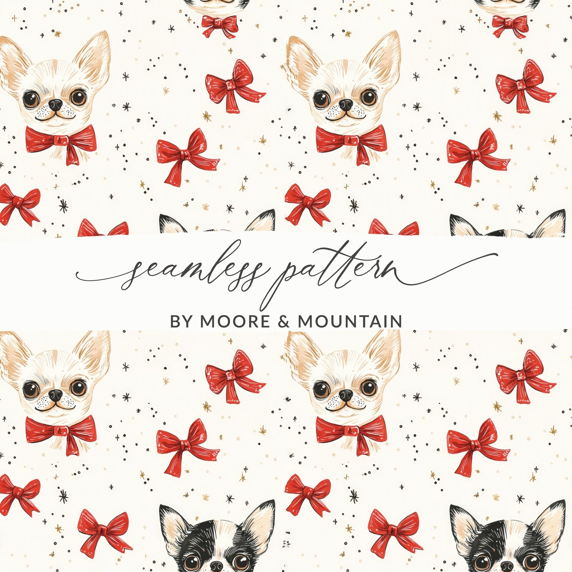 Chihuahua Digital Paper, Red Bow, Cute Puppy Pattern, Seamless Design, Dog Lover Print, Pet Portrait Scrapbook Paper, Beige Background - Moore and Mountain