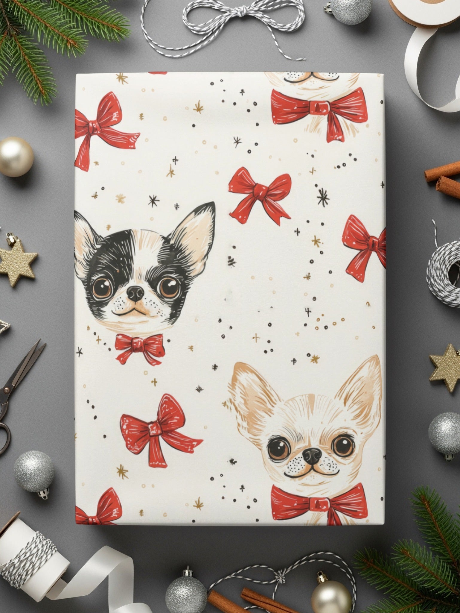 Chihuahua Digital Paper, Red Bow, Cute Puppy Pattern, Seamless Design, Dog Lover Print, Pet Portrait Scrapbook Paper, Beige Background - Moore and Mountain