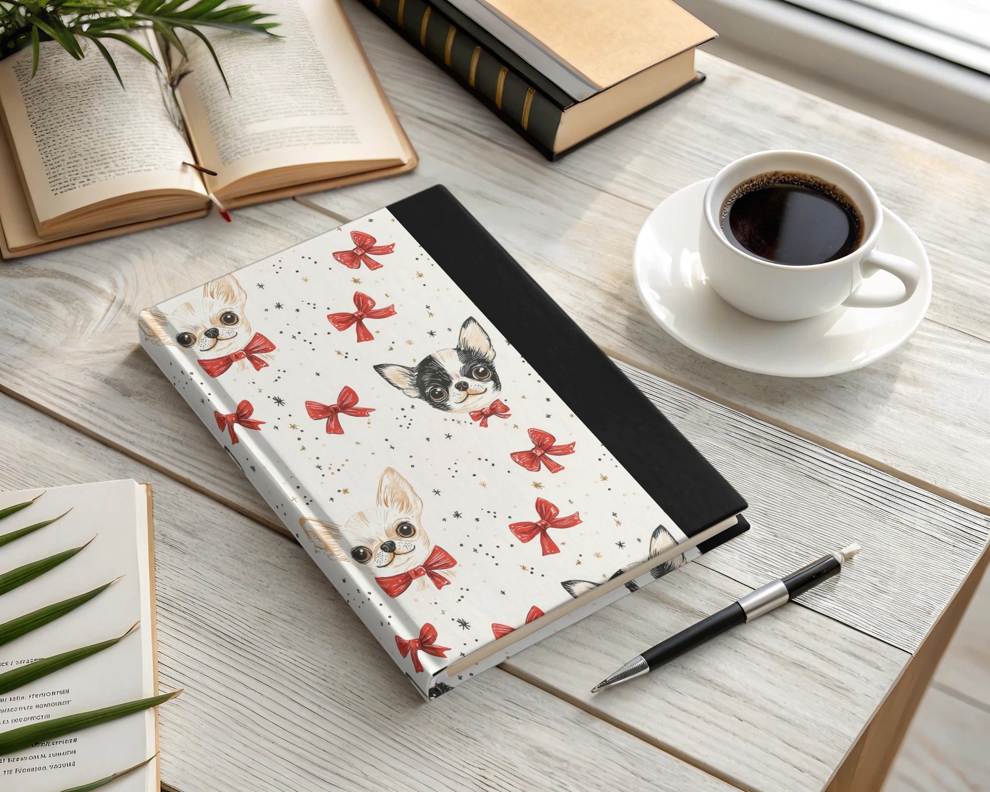 Chihuahua Digital Paper, Red Bow, Cute Puppy Pattern, Seamless Design, Dog Lover Print, Pet Portrait Scrapbook Paper, Beige Background - Moore and Mountain