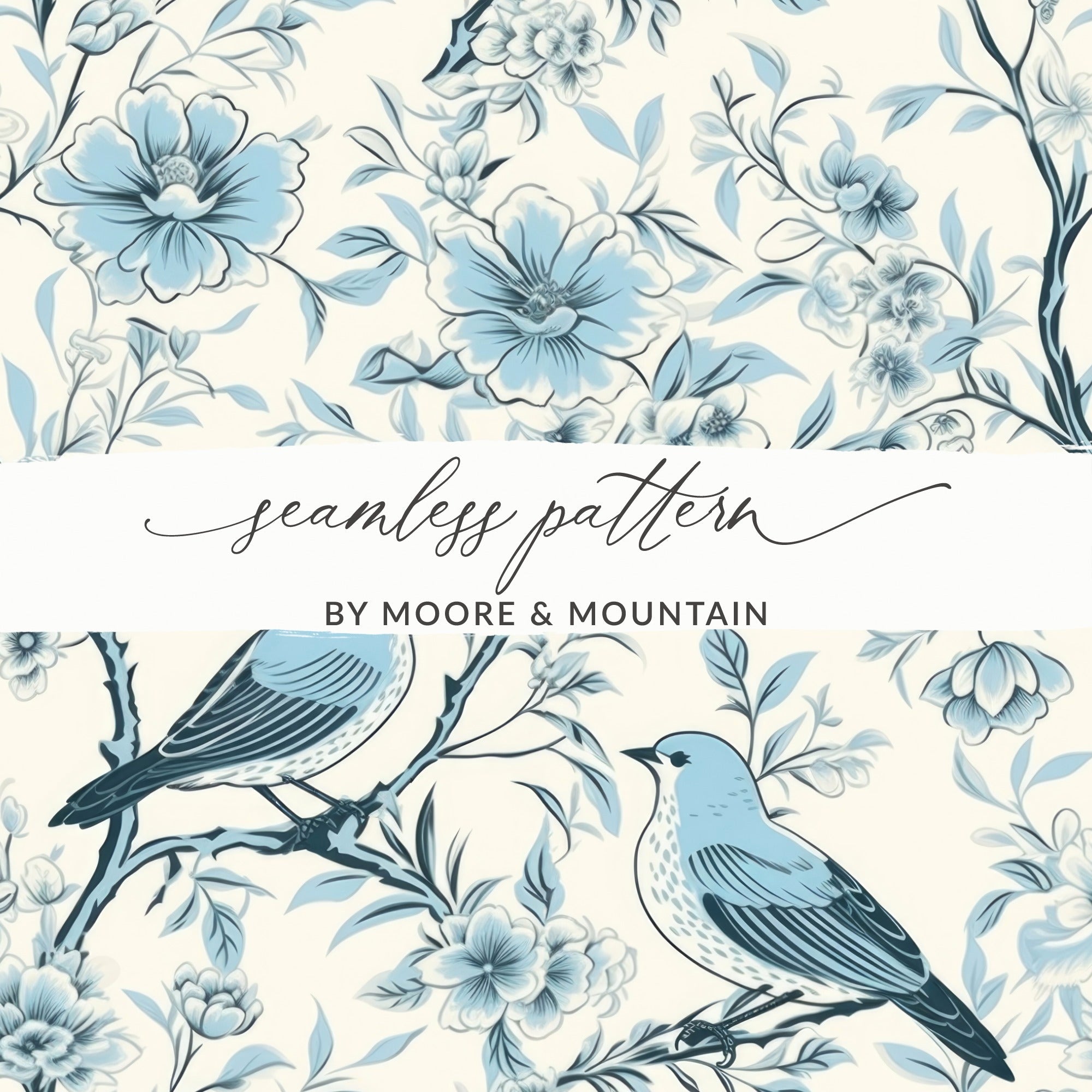 Chinoiserie Vines and Birds Seamless Pattern With Flowers Pattern Artwork Sky Blue Theme Digital - Moore and Mountain