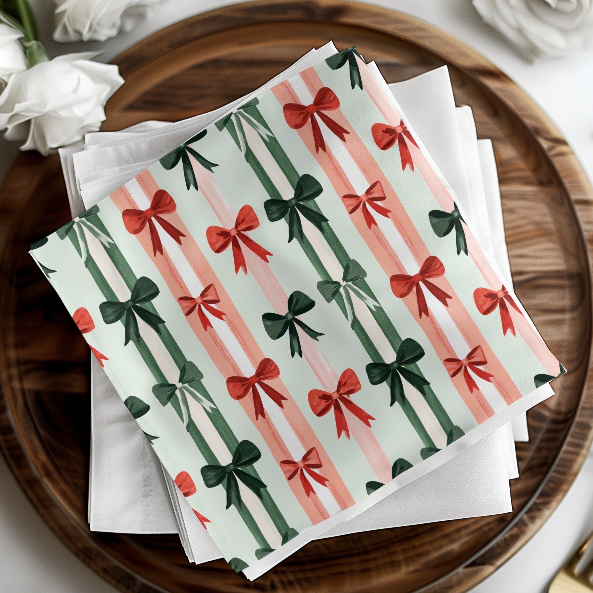 Christmas Bows Digital Paper, Red Green White Striped Pattern, Holiday Gift Wrap, Scrapbook Paper, Printable Background, Digital Download - Moore and Mountain