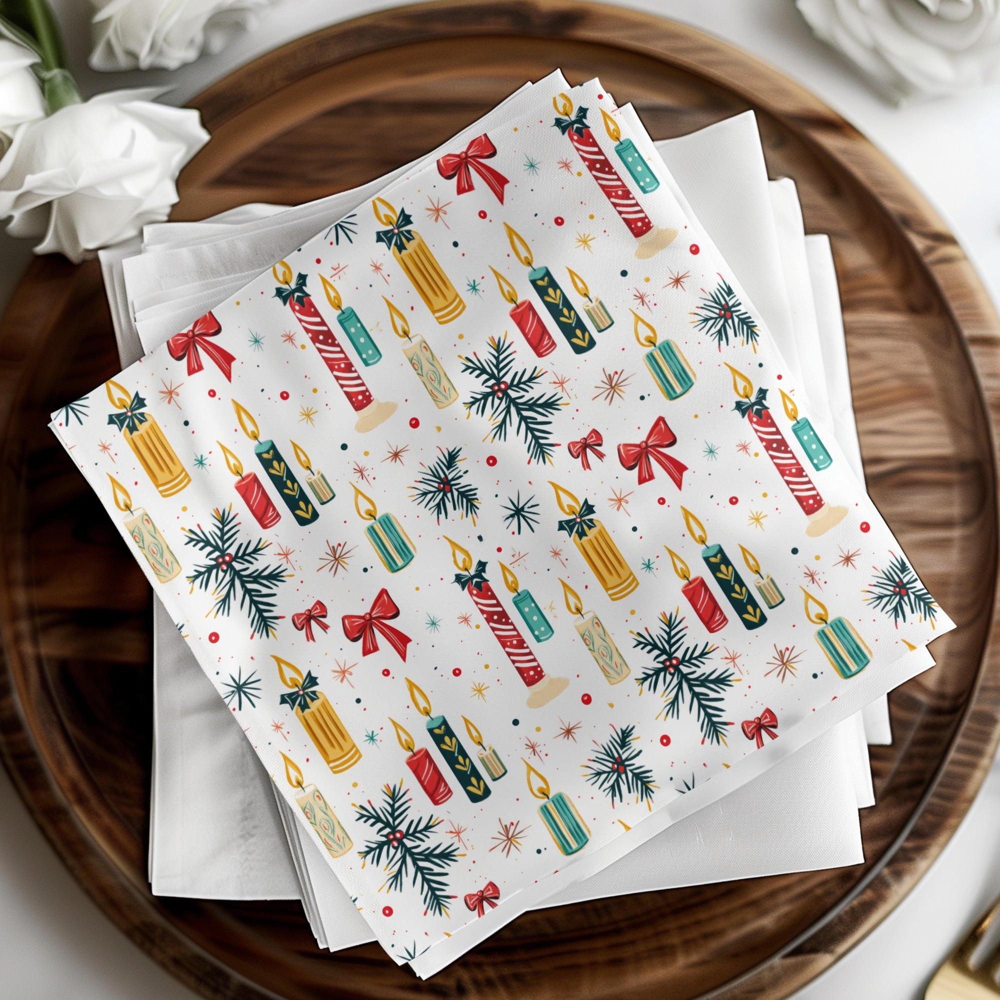 Christmas Candle Digital Paper, Holiday Pattern for Scrapbooking, Red Bow Seamless Pattern, Winter Clipart Background, Teal Gold Candles - Moore and Mountain