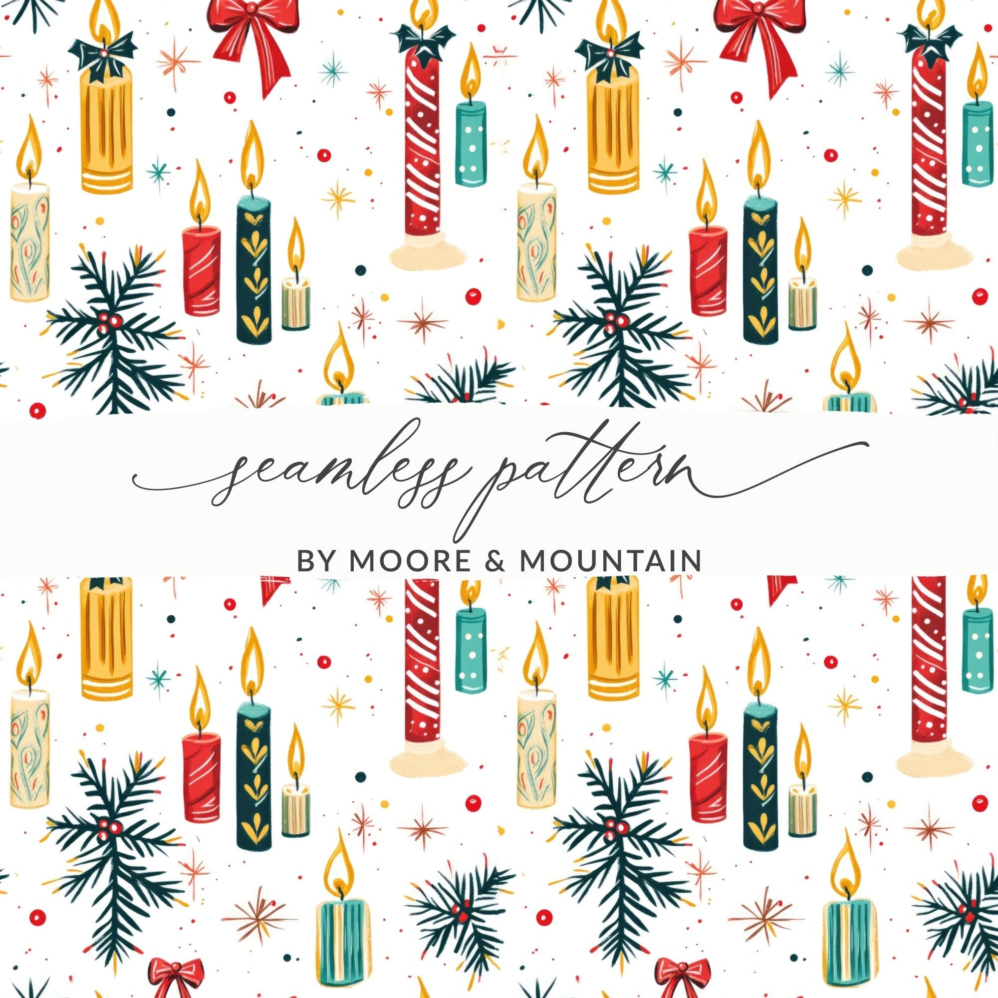 Christmas Candle Digital Paper, Holiday Pattern for Scrapbooking, Red Bow Seamless Pattern, Winter Clipart Background, Teal Gold Candles - Moore and Mountain
