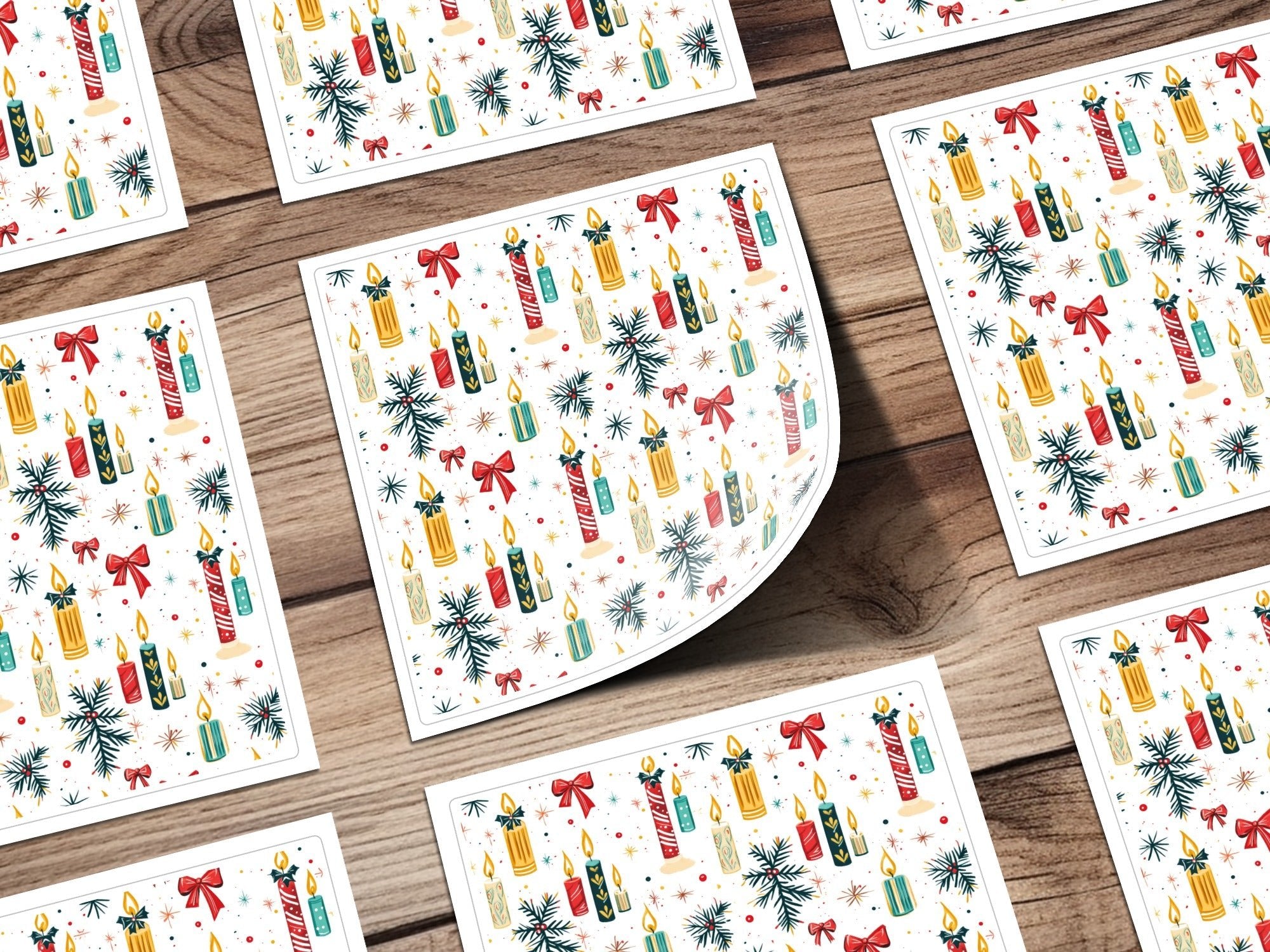 Christmas Candle Digital Paper, Holiday Pattern for Scrapbooking, Red Bow Seamless Pattern, Winter Clipart Background, Teal Gold Candles - Moore and Mountain