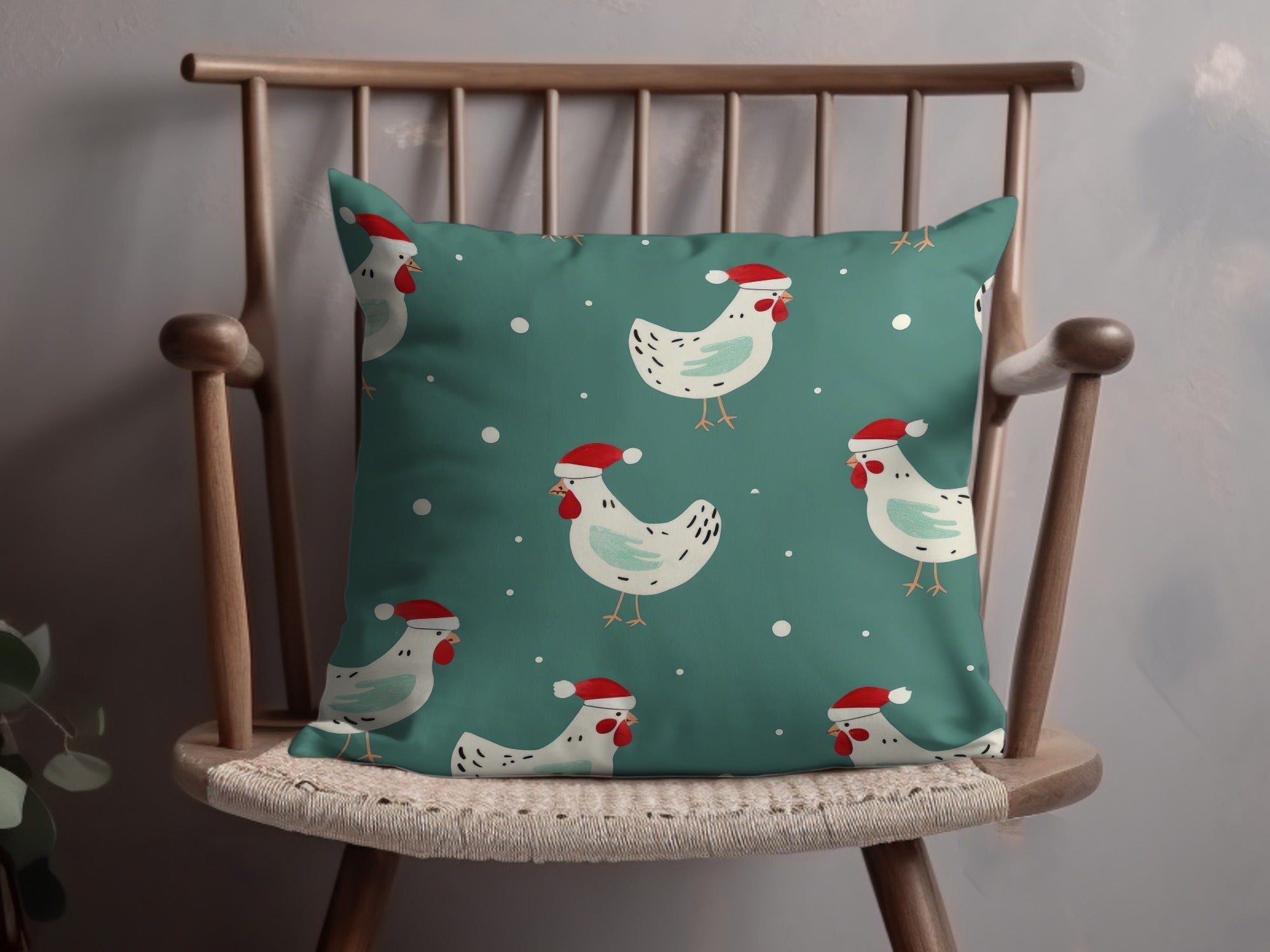 Christmas Chicken Digital Paper, Teal Holiday Pattern, Cute Rooster Print, Santa Hat Animal Illustration, Festive Wallpaper, Digital - Moore and Mountain