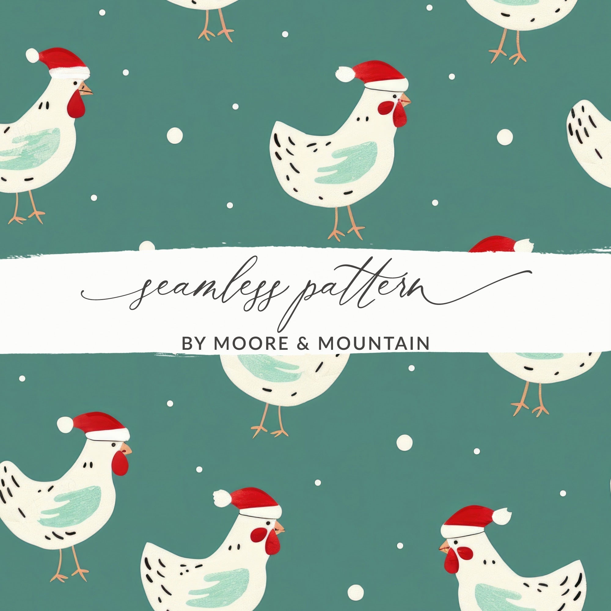 Christmas Chicken Digital Paper, Teal Holiday Pattern, Cute Rooster Print, Santa Hat Animal Illustration, Festive Wallpaper, Digital - Moore and Mountain