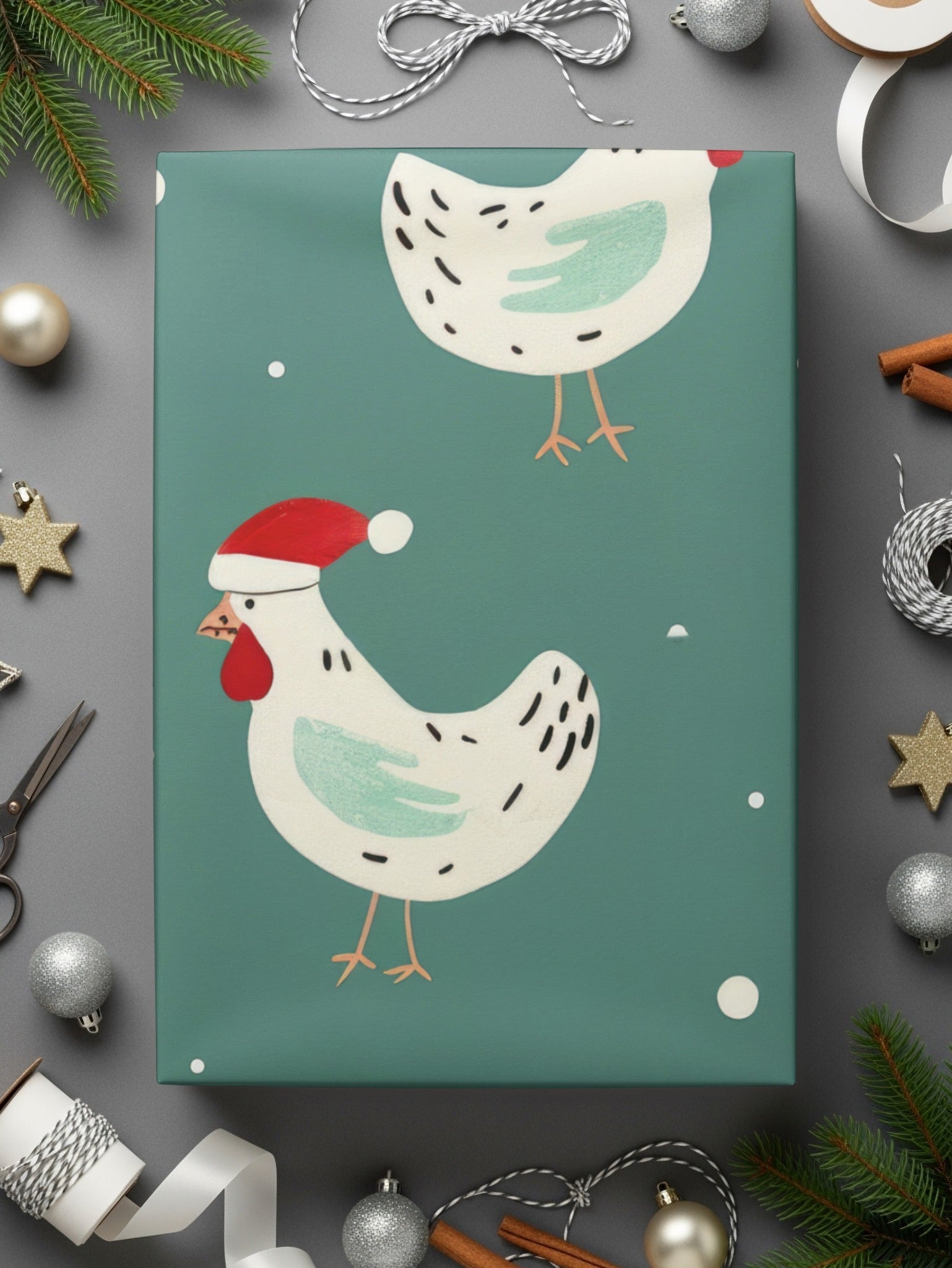 Christmas Chicken Digital Paper, Teal Holiday Pattern, Cute Rooster Print, Santa Hat Animal Illustration, Festive Wallpaper, Digital - Moore and Mountain