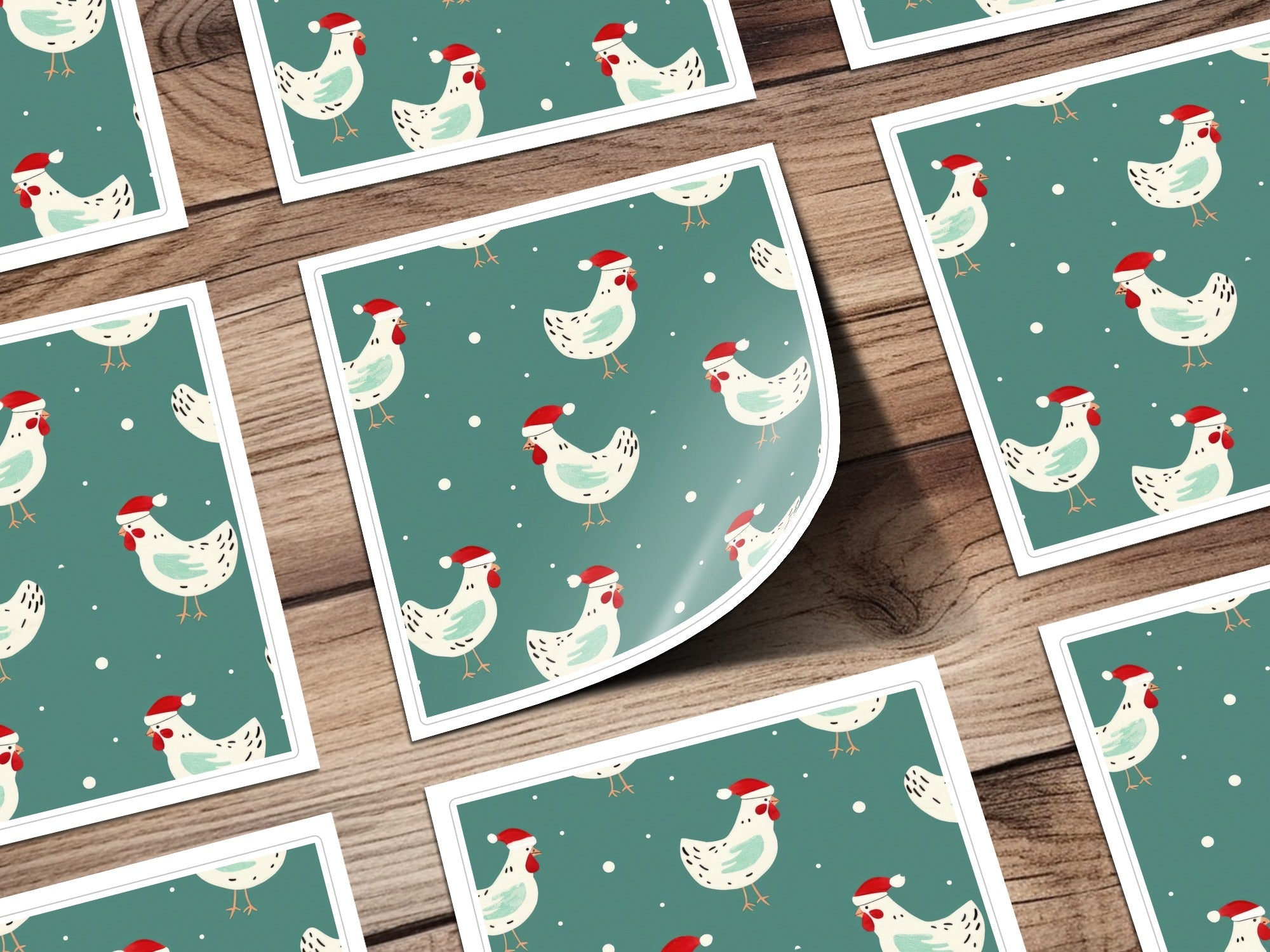 Christmas Chicken Digital Paper, Teal Holiday Pattern, Cute Rooster Print, Santa Hat Animal Illustration, Festive Wallpaper, Digital - Moore and Mountain