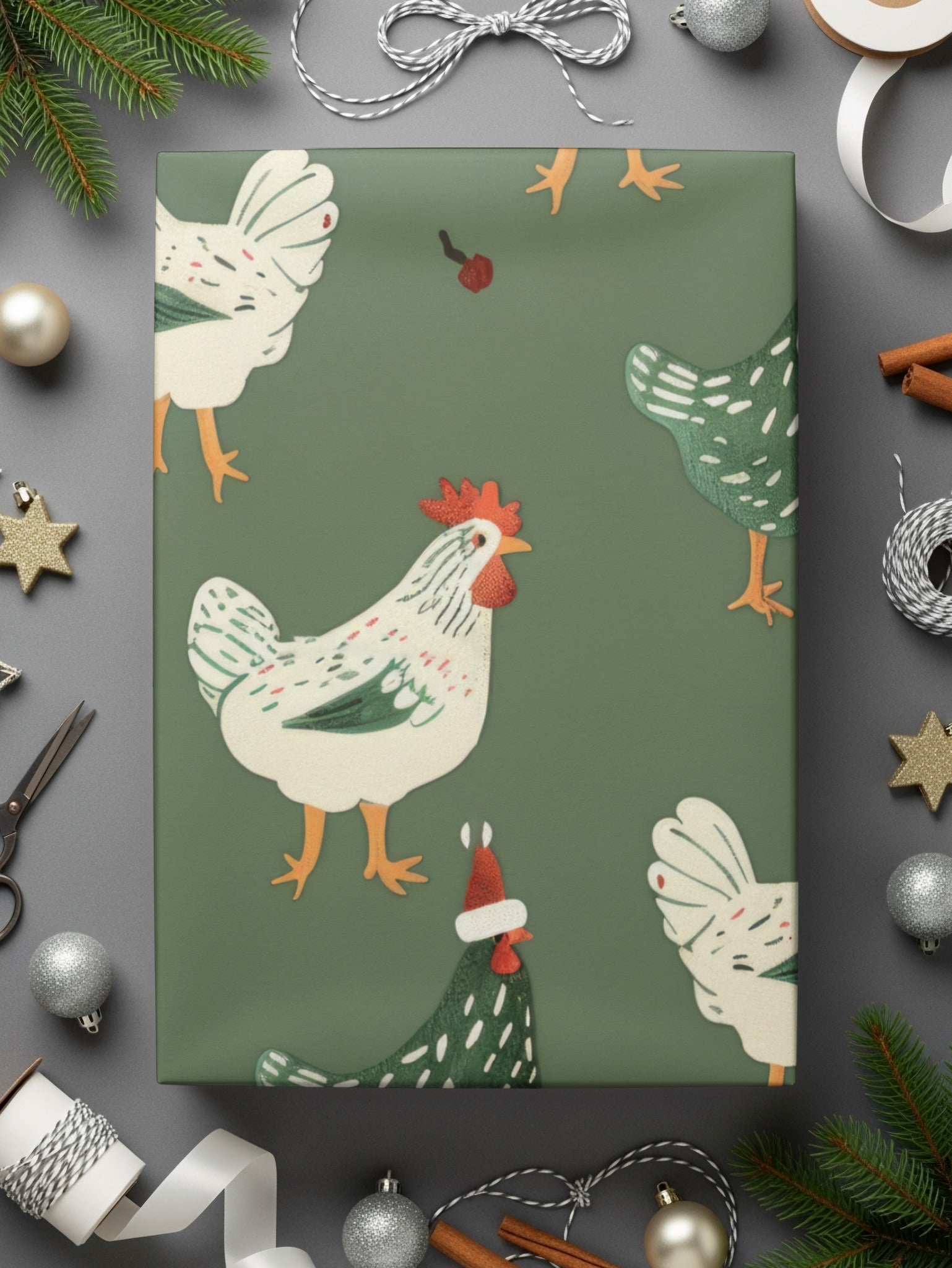 Christmas Chicken Pattern Digital Paper, Green, Red, White Holiday Seamless Design, Winter Festive Background, Farmhouse Print, Christmas - Moore and Mountain