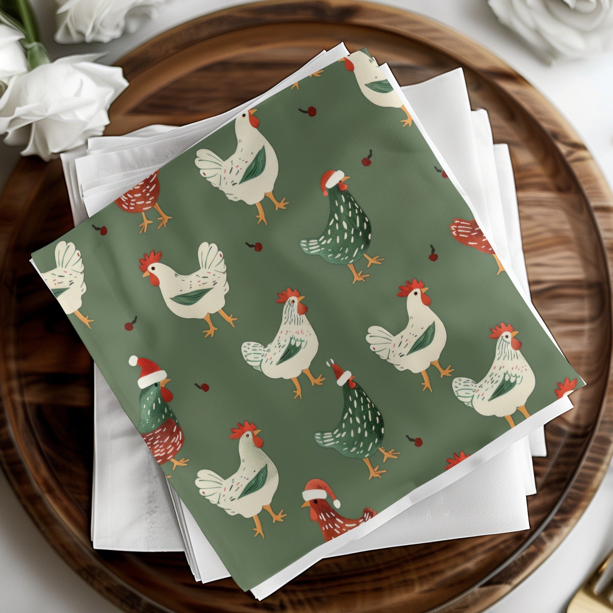 Christmas Chicken Pattern Digital Paper, Green, Red, White Holiday Seamless Design, Winter Festive Background, Farmhouse Print, Christmas - Moore and Mountain