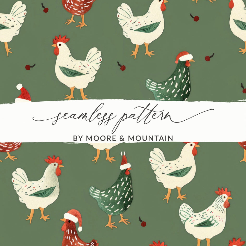 Christmas Chicken Pattern Digital Paper, Green, Red, White Holiday Seamless Design, Winter Festive Background, Farmhouse Print, Christmas - Moore and Mountain
