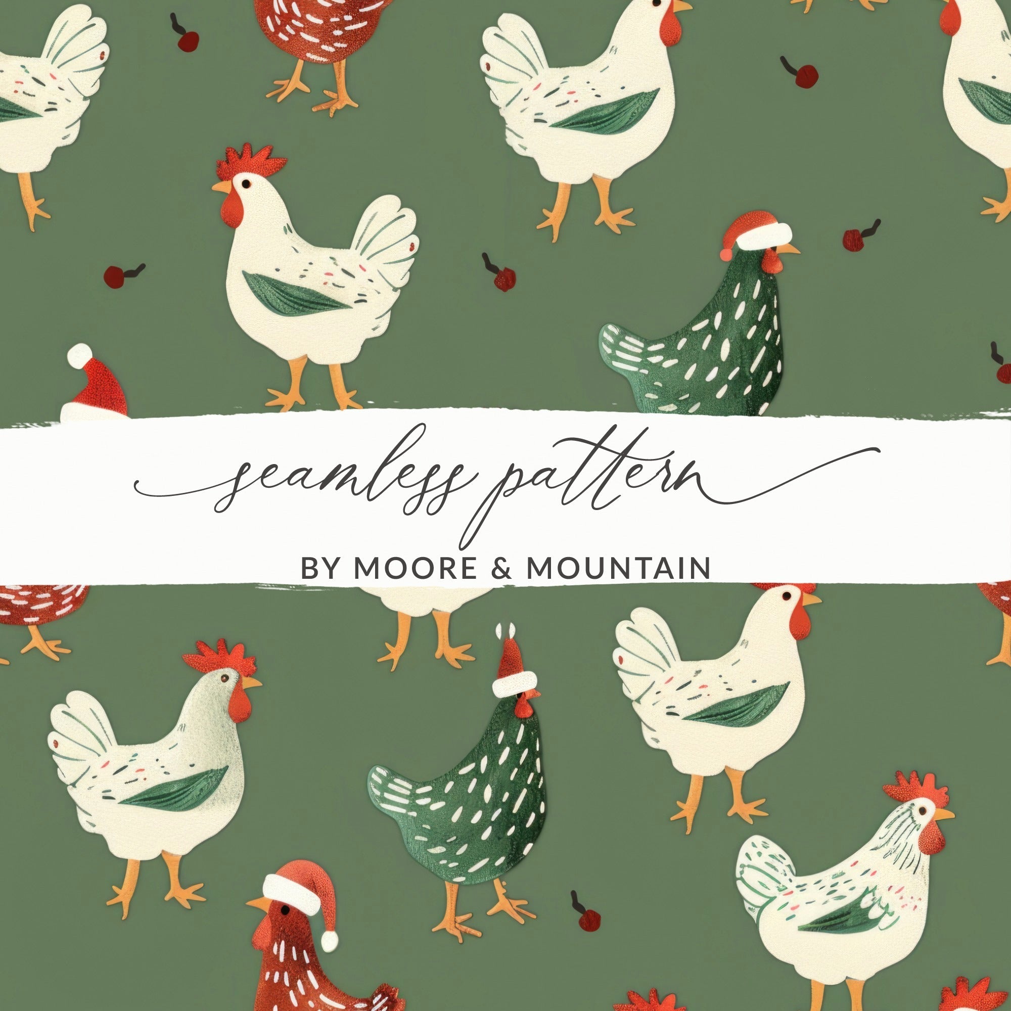 Christmas Chicken Pattern Digital Paper, Green, Red, White Holiday Seamless Design, Winter Festive Background, Farmhouse Print, Christmas - Moore and Mountain