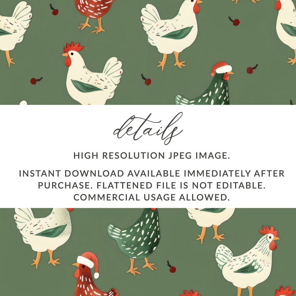 Christmas Chicken Pattern Digital Paper, Green, Red, White Holiday Seamless Design, Winter Festive Background, Farmhouse Print, Christmas - Moore and Mountain