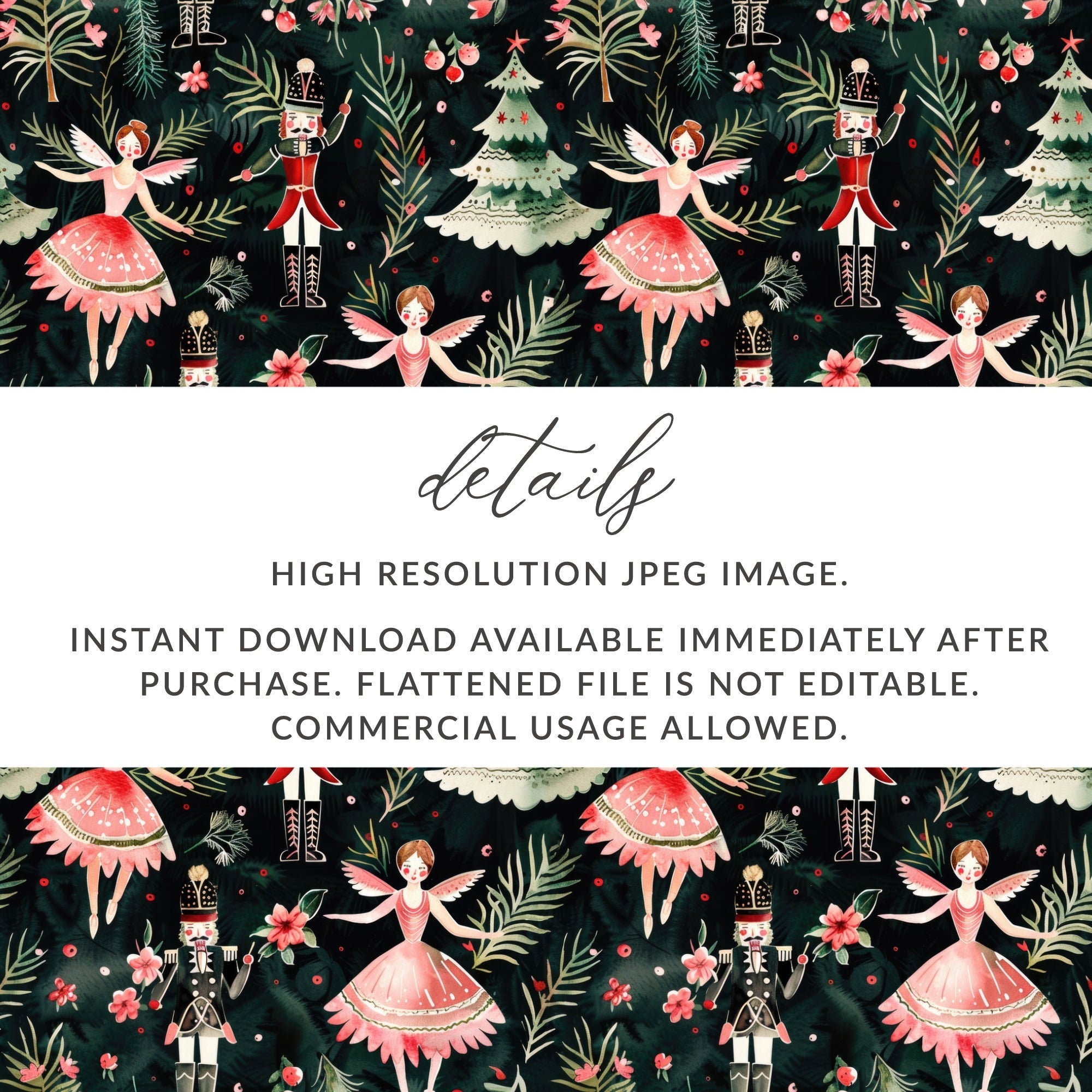 Christmas Digital Paper, Dark Winter Pattern, Ballerina Nutcracker, Pink Floral Seamless Pattern, Digital Background, Scrapbook Paper - Moore and Mountain