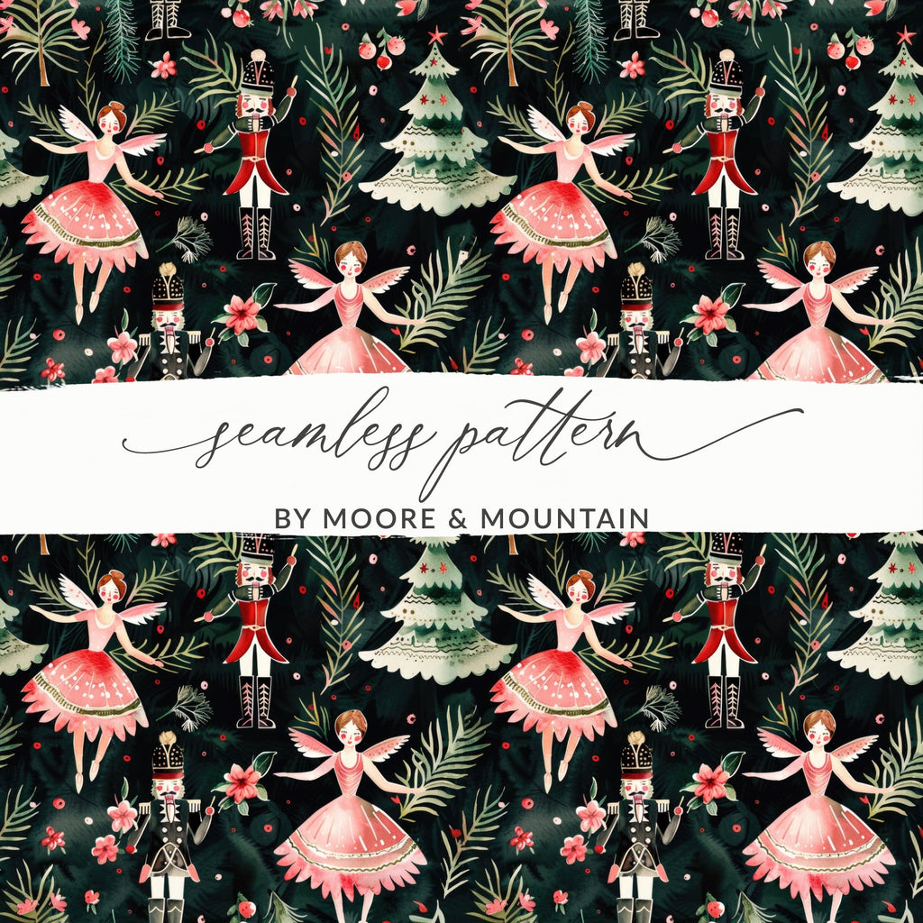 Christmas Digital Paper, Dark Winter Pattern, Ballerina Nutcracker, Pink Floral Seamless Pattern, Digital Background, Scrapbook Paper - Moore and Mountain