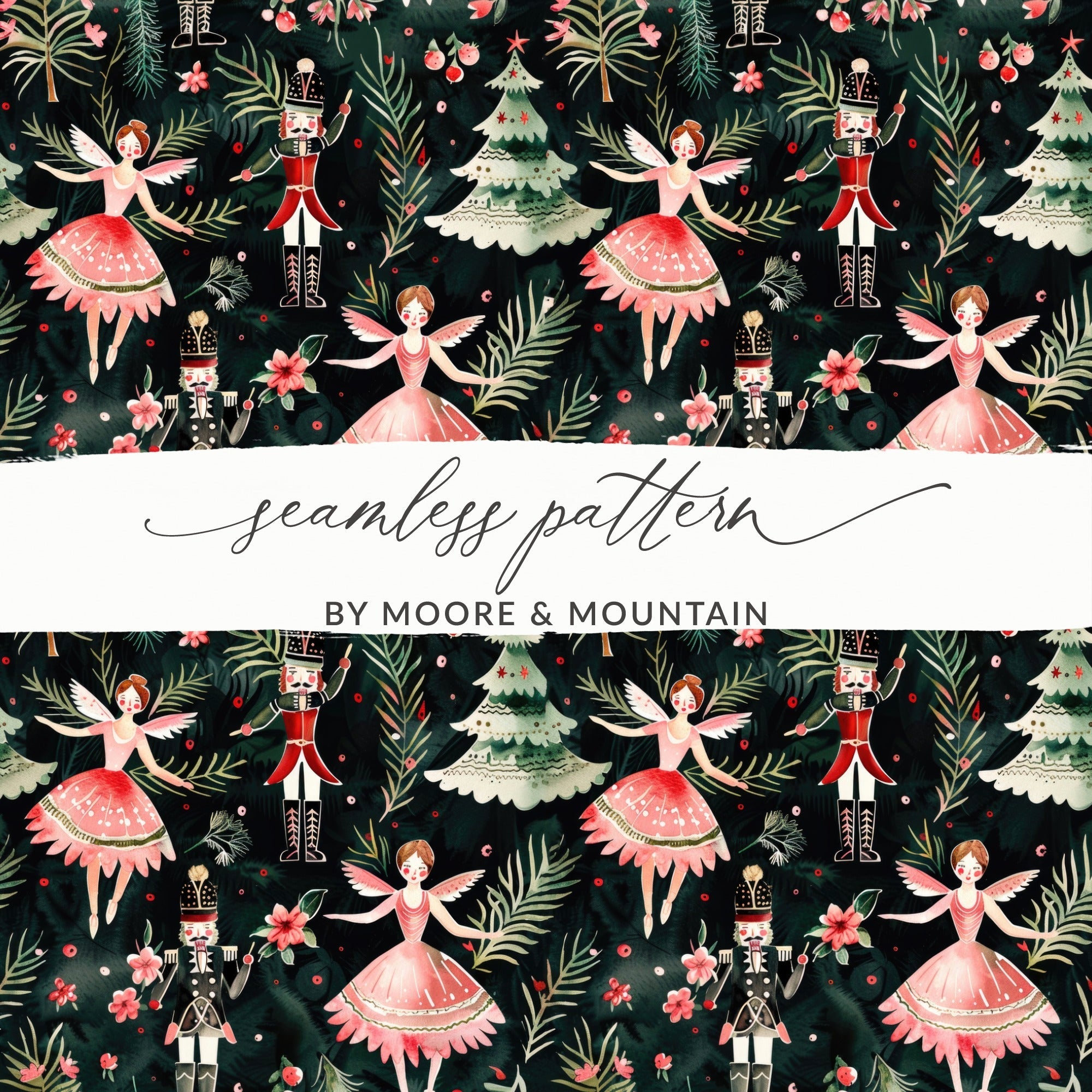 Christmas Digital Paper, Dark Winter Pattern, Ballerina Nutcracker, Pink Floral Seamless Pattern, Digital Background, Scrapbook Paper - Moore and Mountain