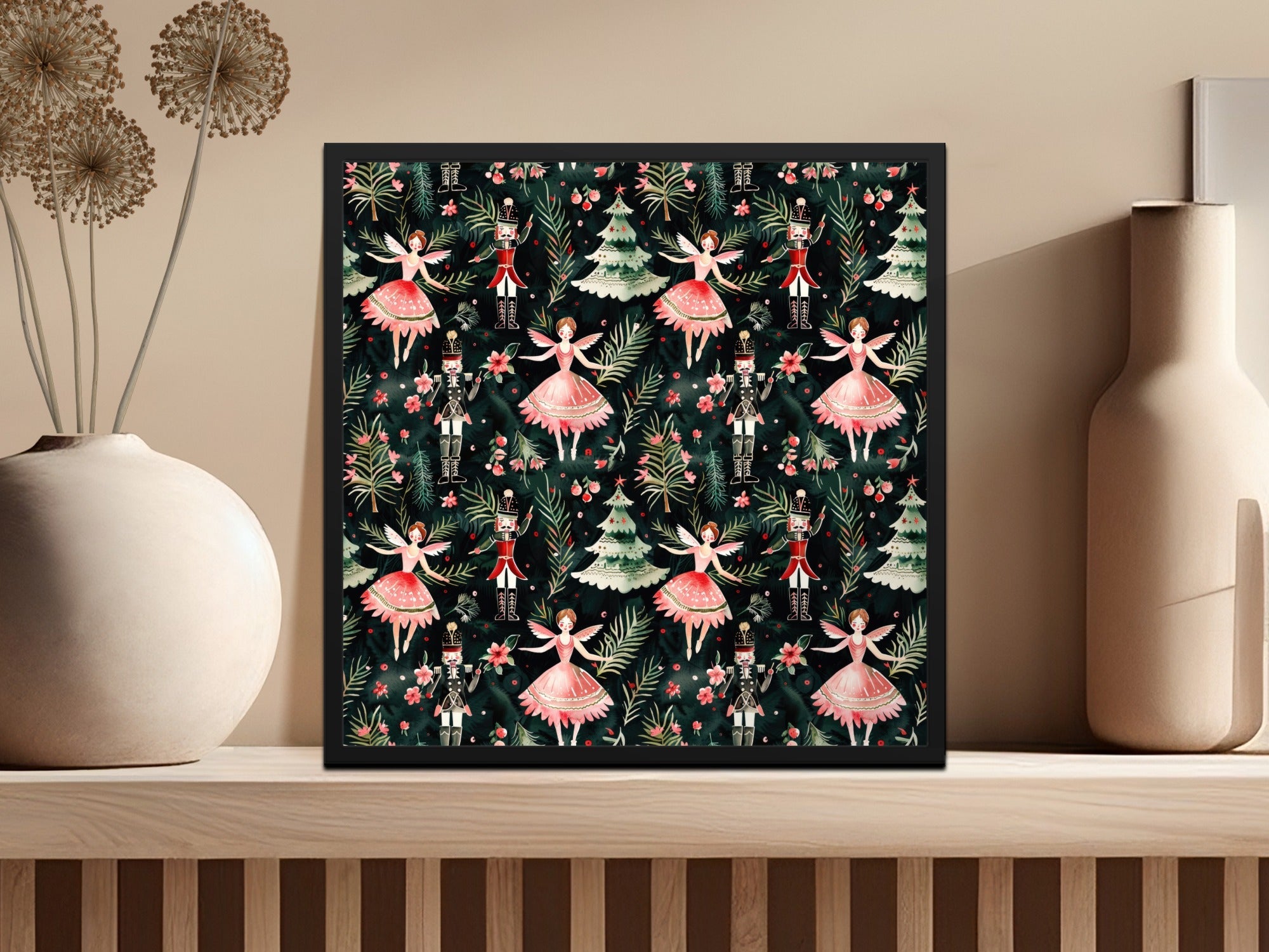 Christmas Digital Paper, Dark Winter Pattern, Ballerina Nutcracker, Pink Floral Seamless Pattern, Digital Background, Scrapbook Paper - Moore and Mountain