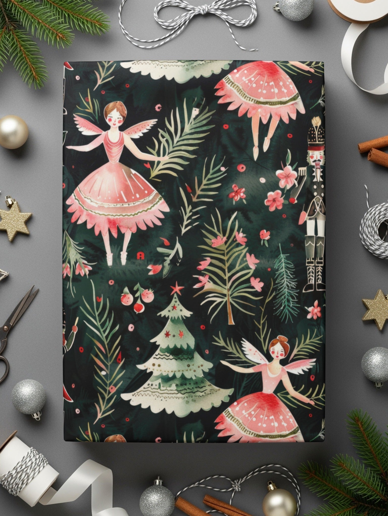 Christmas Digital Paper, Dark Winter Pattern, Ballerina Nutcracker, Pink Floral Seamless Pattern, Digital Background, Scrapbook Paper - Moore and Mountain