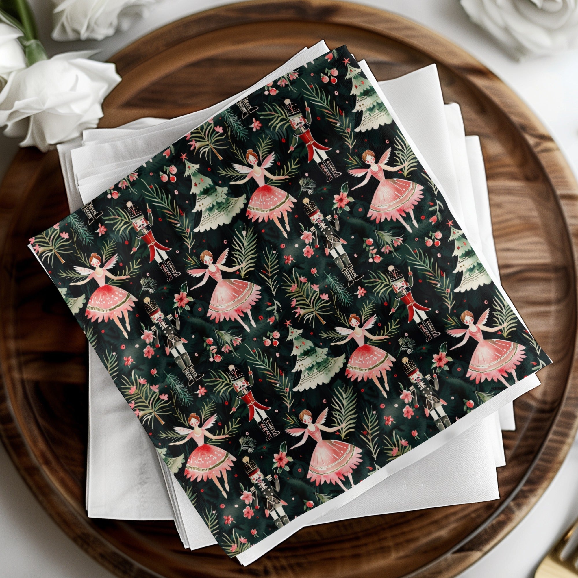 Christmas Digital Paper, Dark Winter Pattern, Ballerina Nutcracker, Pink Floral Seamless Pattern, Digital Background, Scrapbook Paper - Moore and Mountain