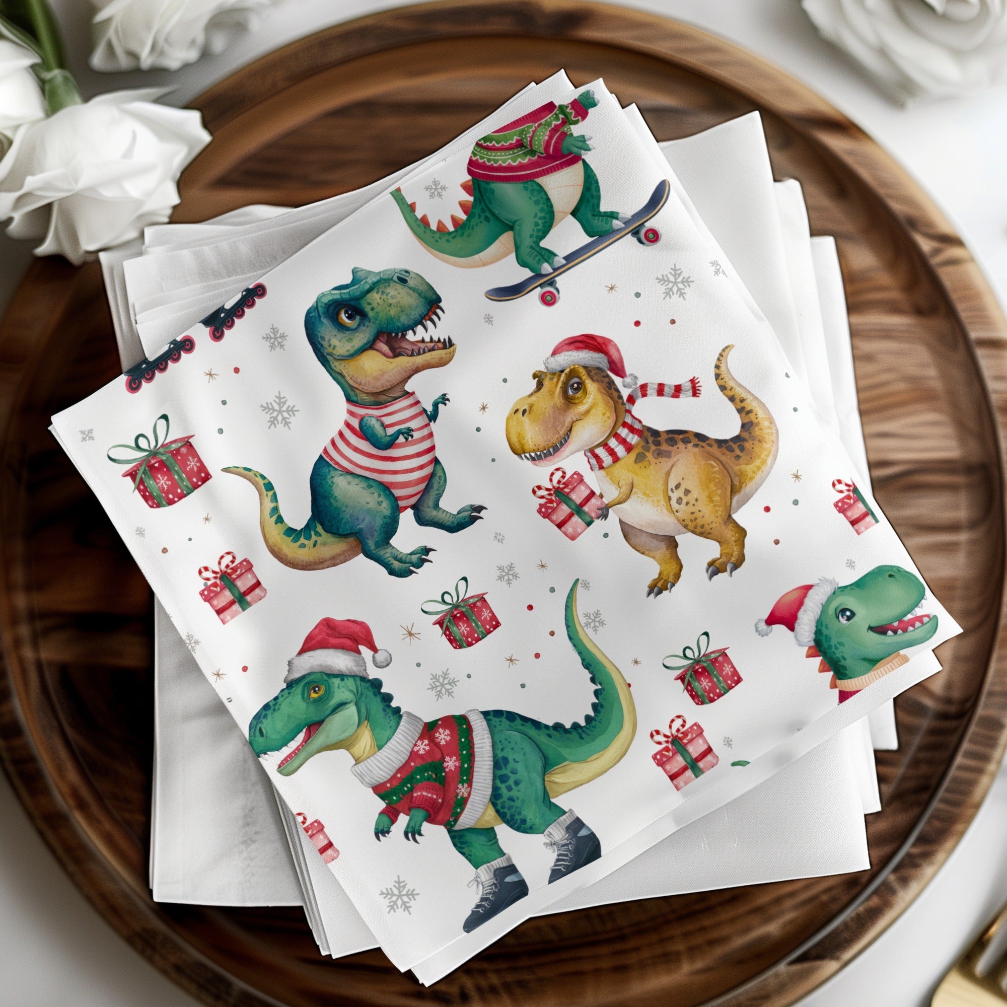 Christmas Dinosaur Digital Paper, Pattern for Boys, Winter Animal Print, Holiday Cute T Rex Background, Gift Wrap - Moore and Mountain