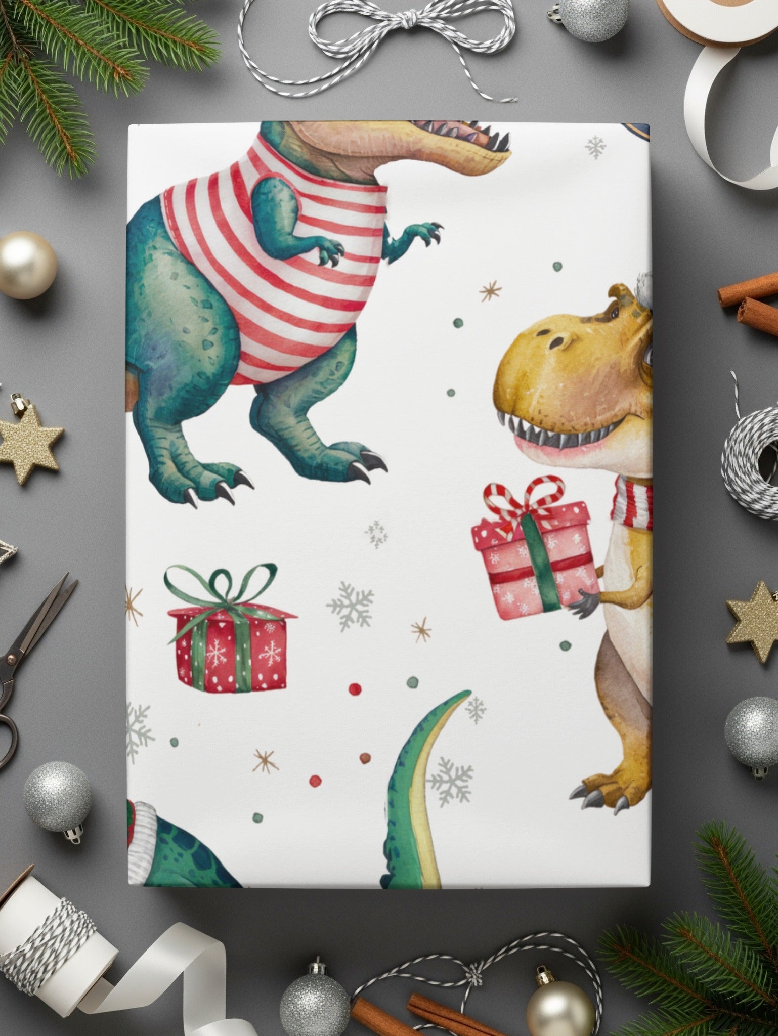Christmas Dinosaur Digital Paper, Pattern for Boys, Winter Animal Print, Holiday Cute T Rex Background, Gift Wrap - Moore and Mountain
