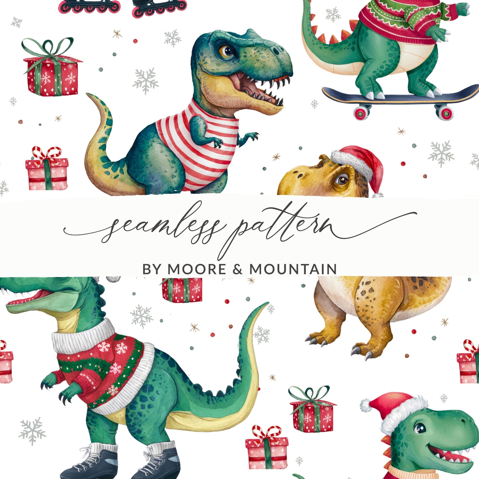 Christmas Dinosaur Digital Paper, Pattern for Boys, Winter Animal Print, Holiday Cute T Rex Background, Gift Wrap - Moore and Mountain