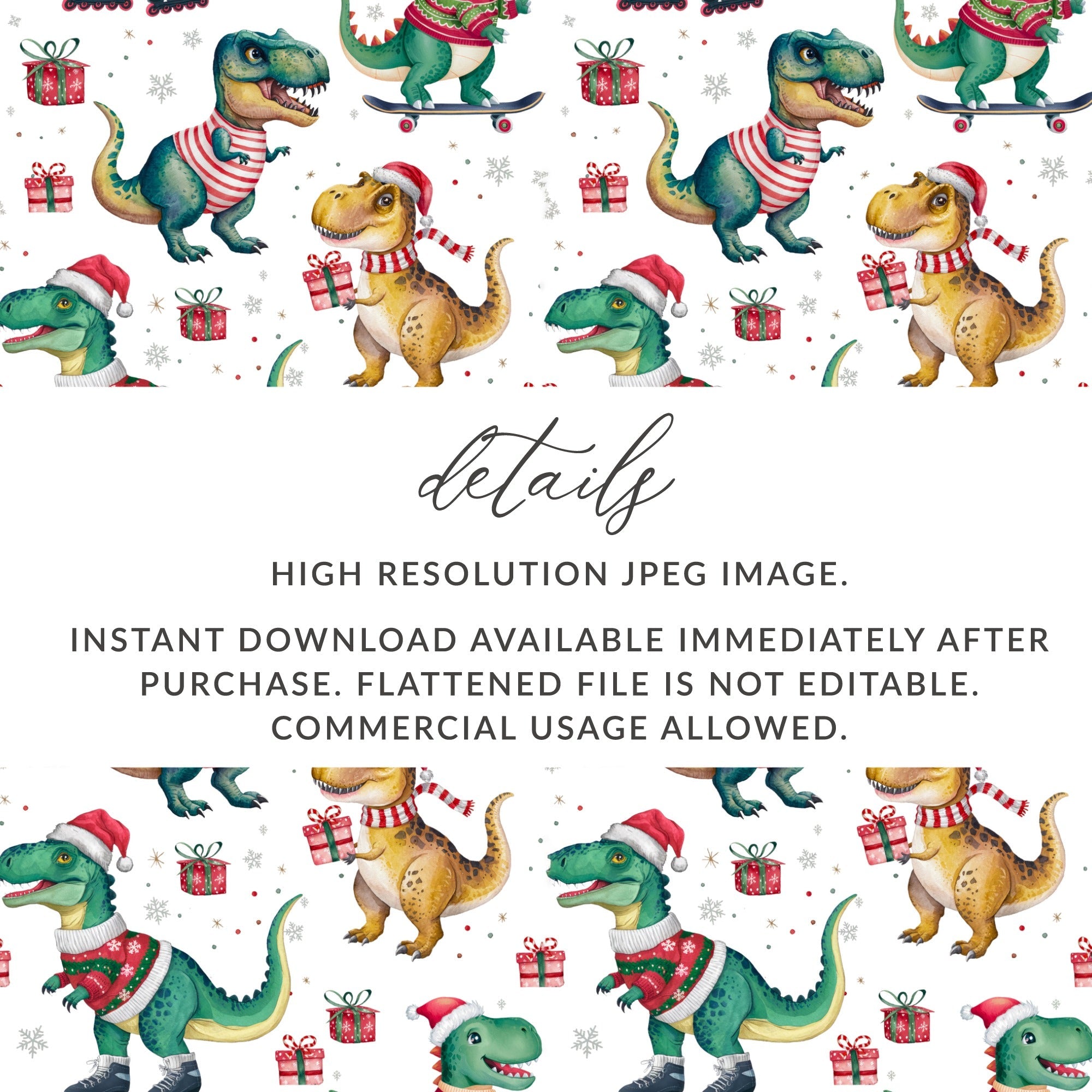 Christmas Dinosaur Digital Paper, T Rex, Green, Red, Holiday Pattern, Winter Seamless Pattern, Festive Print, Digital Download - Moore and Mountain