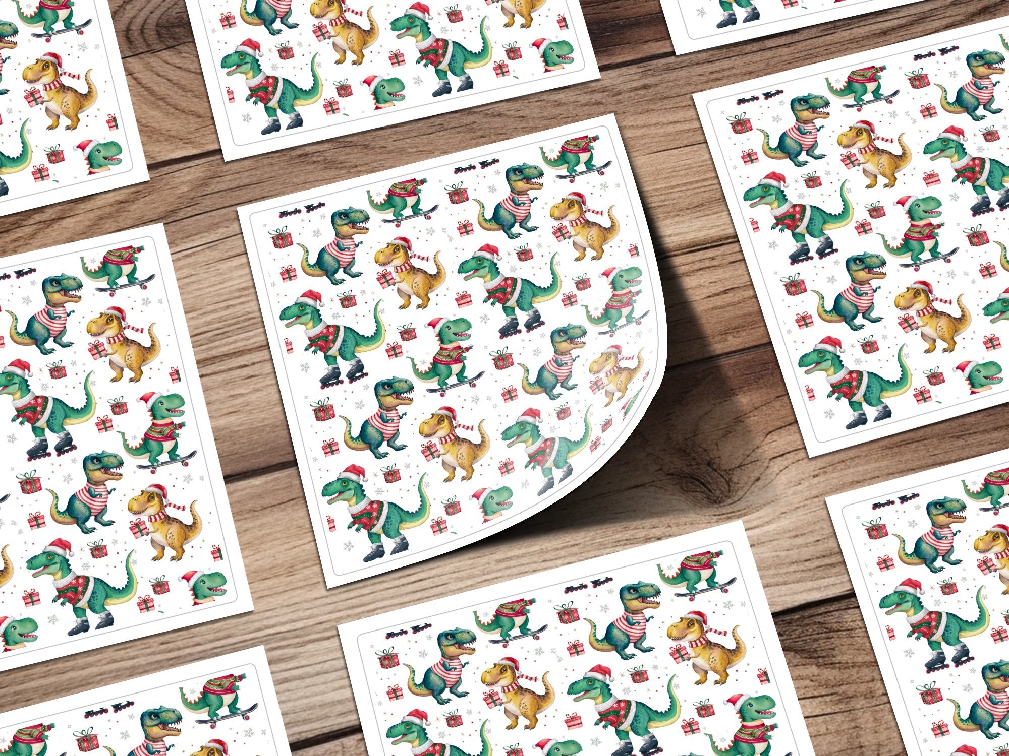 Christmas Dinosaur Digital Paper, T Rex, Green, Red, Holiday Pattern, Winter Seamless Pattern, Festive Print, Digital Download - Moore and Mountain