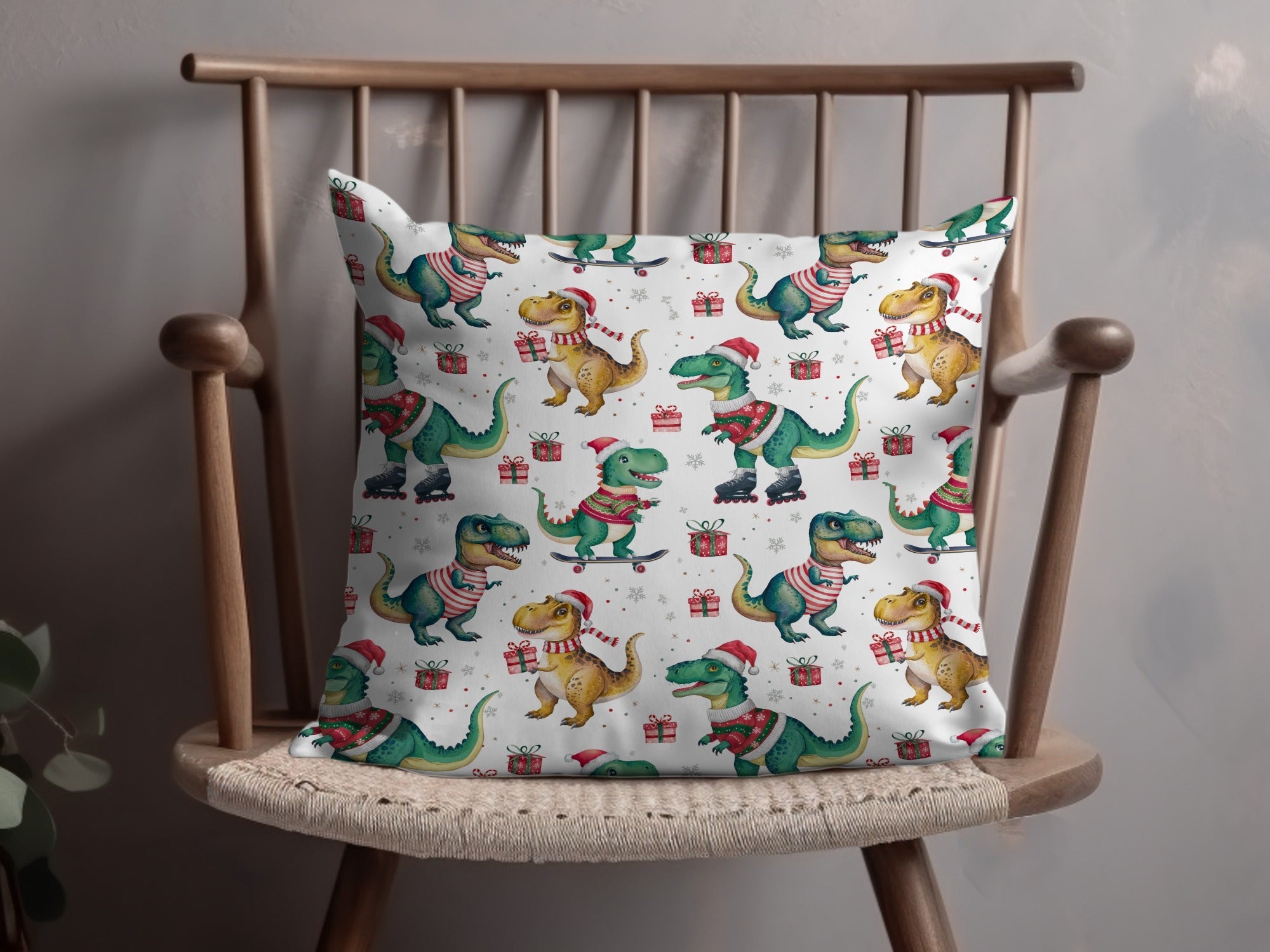 Christmas Dinosaur Digital Paper, T Rex, Green, Red, Holiday Pattern, Winter Seamless Pattern, Festive Print, Digital Download - Moore and Mountain