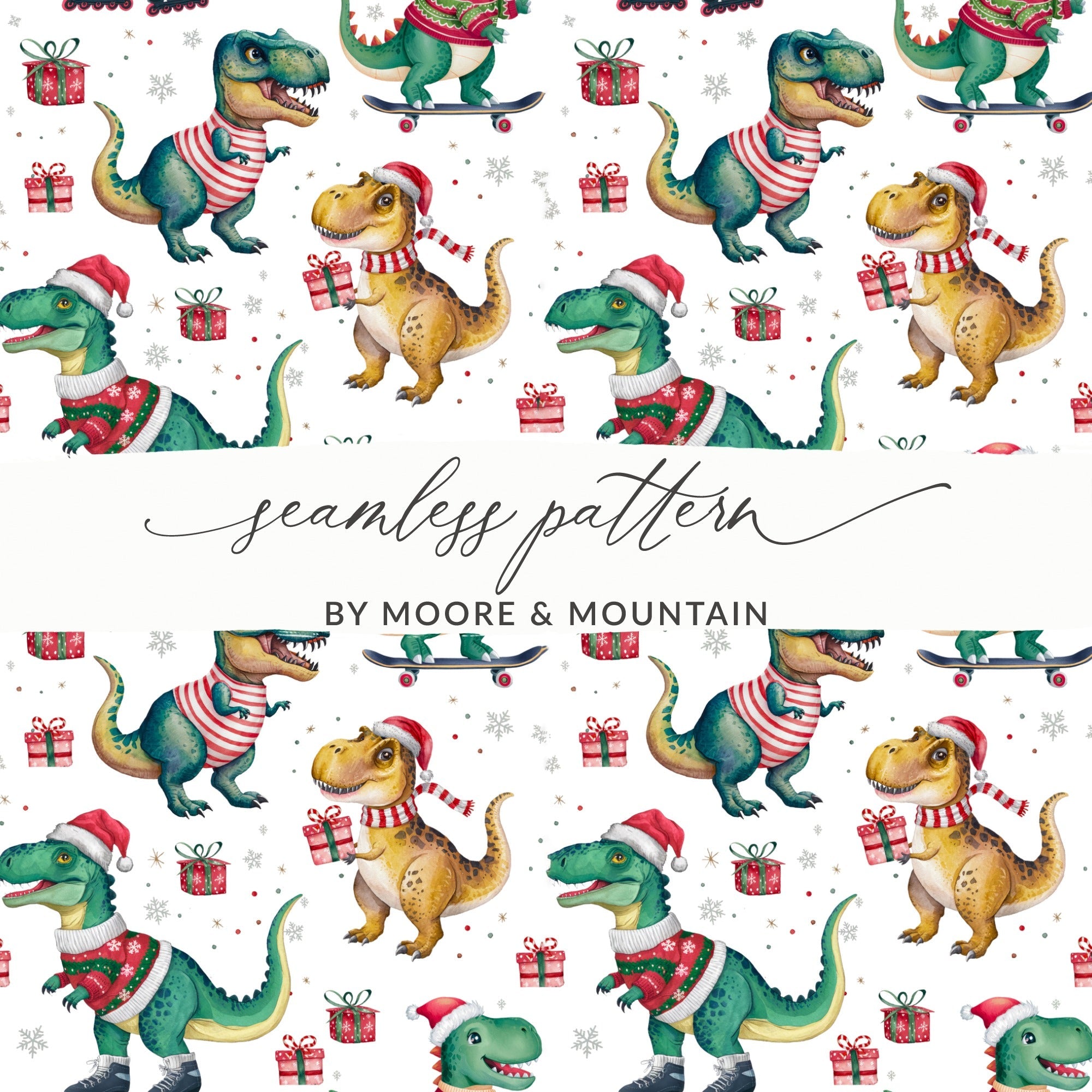 Christmas Dinosaur Digital Paper, T Rex, Green, Red, Holiday Pattern, Winter Seamless Pattern, Festive Print, Digital Download - Moore and Mountain