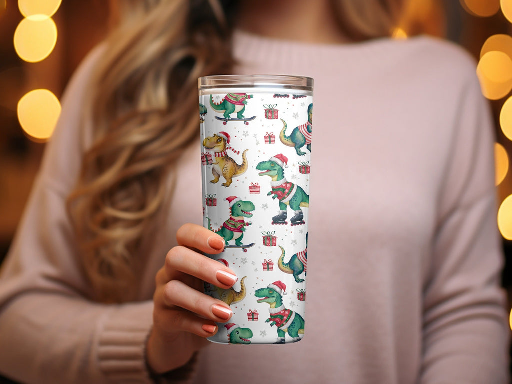 Christmas Dinosaur Digital Paper, T Rex, Green, Red, Holiday Pattern, Winter Seamless Pattern, Festive Print, Digital Download - Moore and Mountain