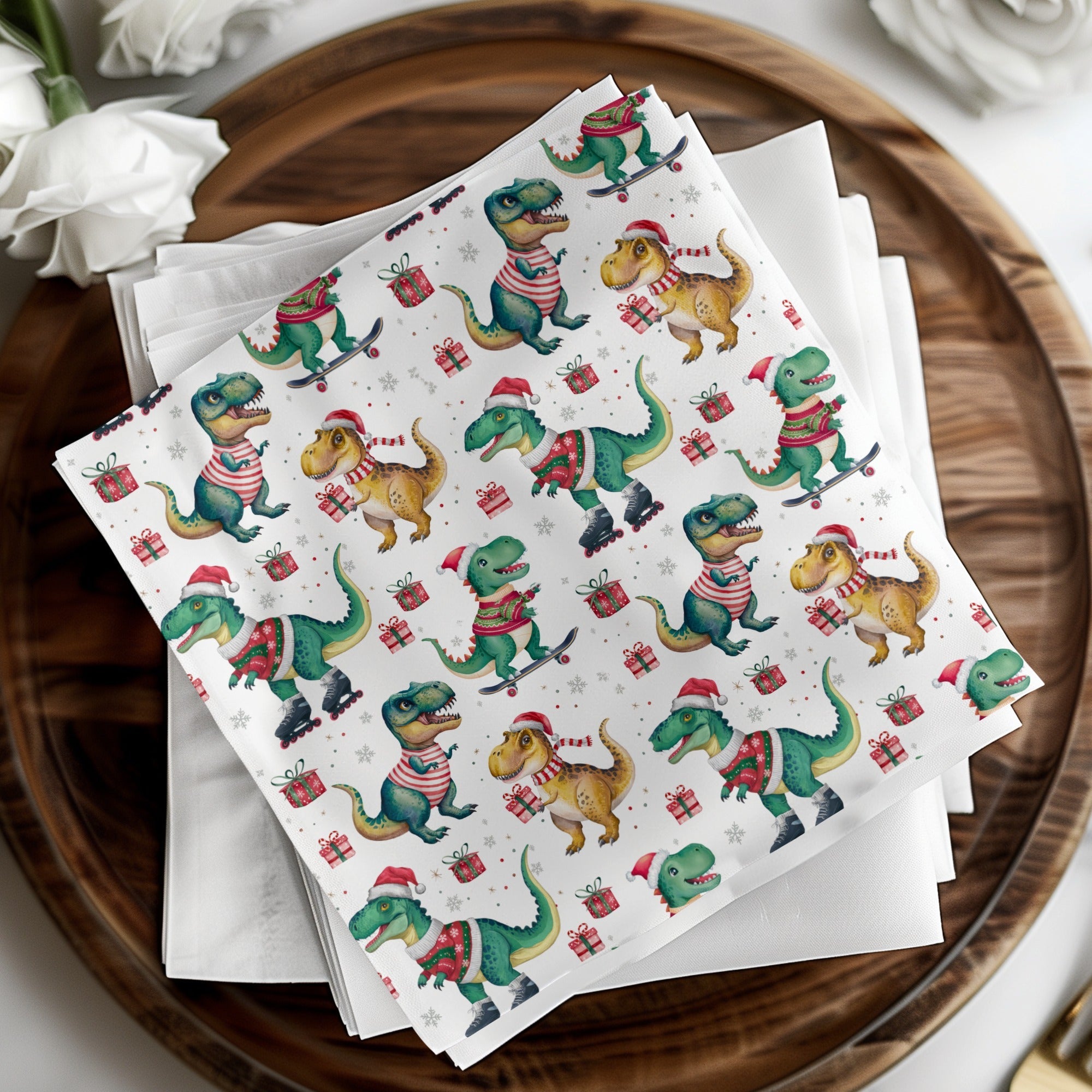 Christmas Dinosaur Digital Paper, T Rex, Green, Red, Holiday Pattern, Winter Seamless Pattern, Festive Print, Digital Download - Moore and Mountain